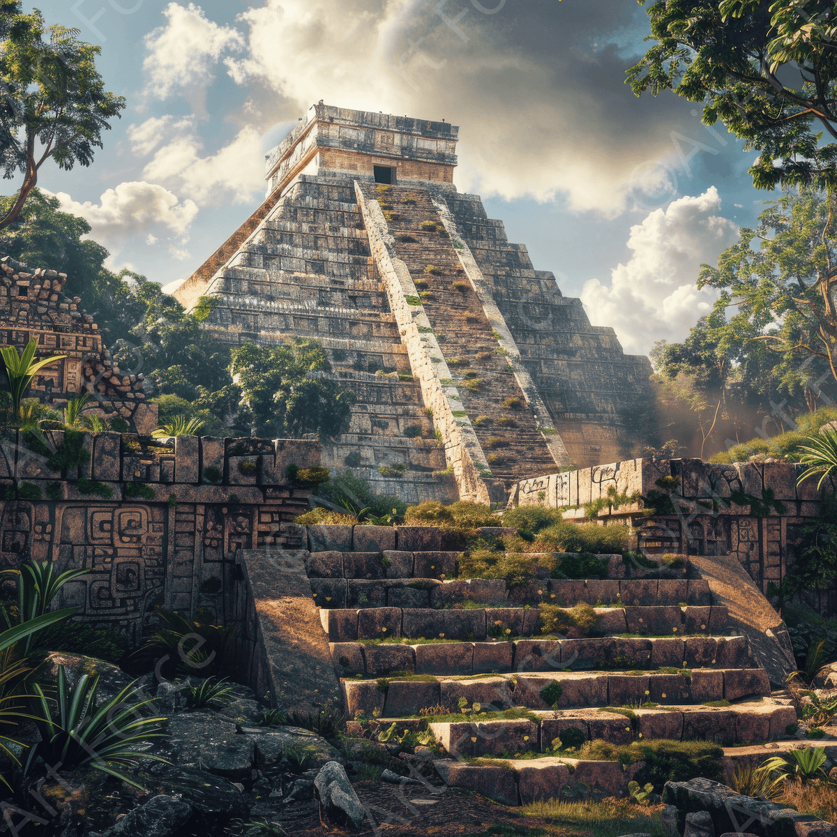 Mayan historical site art—HD digital artwork of ancient temple ruins, detailed stone carvings, dramatic lighting; ideal printable wall art and posters.