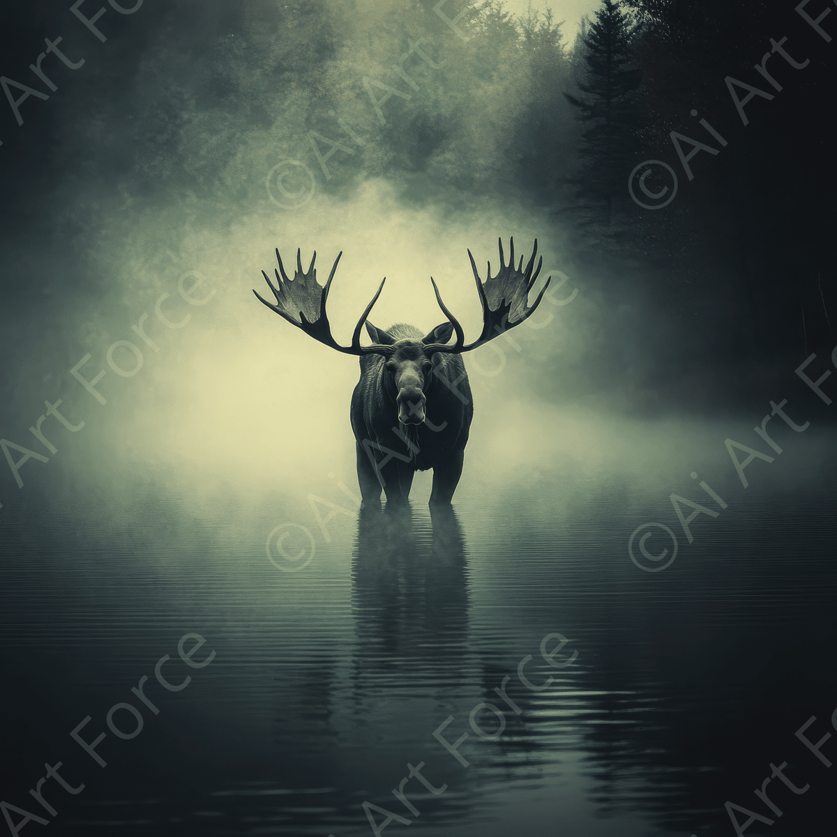 Moose Standing in a Misty Lake - Shop Ai Art WebShop - Digital Art online Store