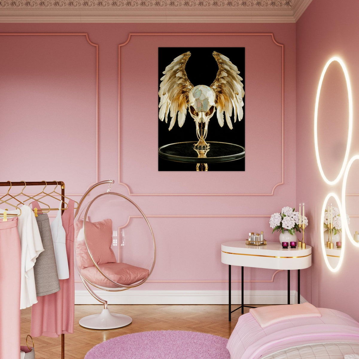 Mythical bird skull plated in gold wings - Shop Ai Art WebShop - Digital Art online Store