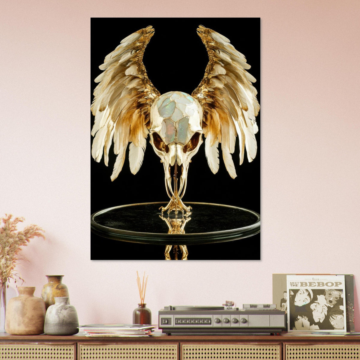 Mythical bird skull plated in gold wings - Shop Ai Art WebShop - Digital Art online Store