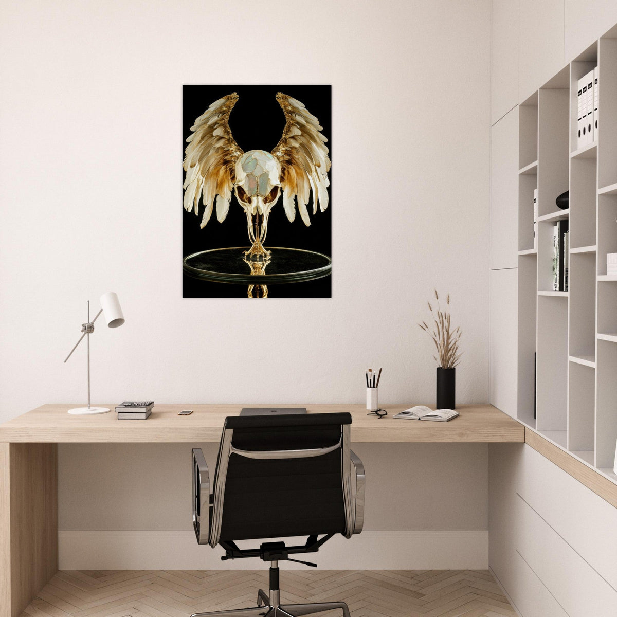 Mythical bird skull plated in gold wings - Shop Ai Art WebShop - Digital Art online Store