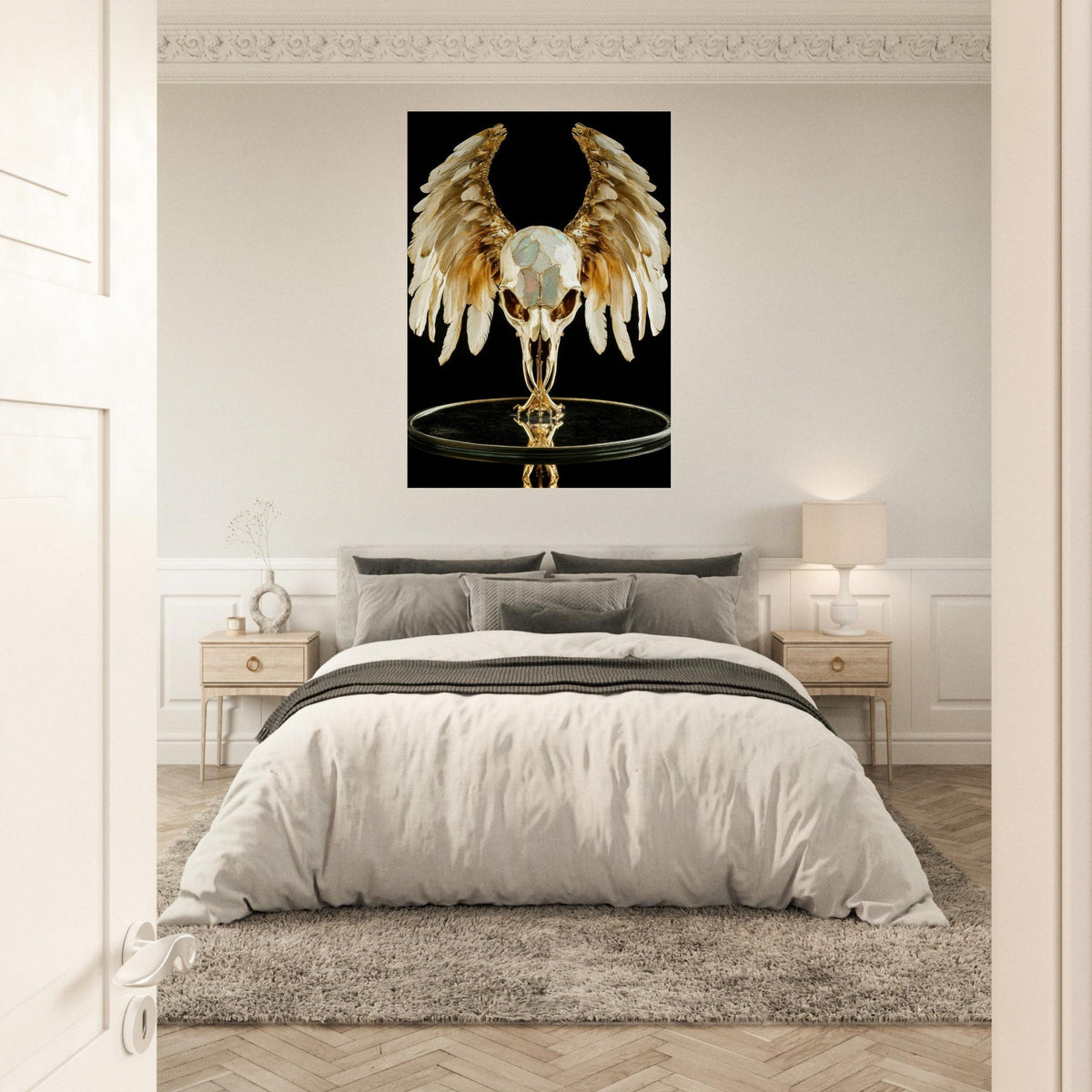 Mythical bird skull plated in gold wings - Shop Ai Art WebShop - Digital Art online Store