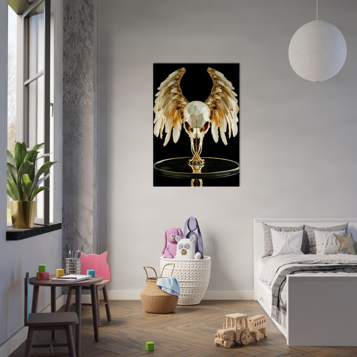 Mythical bird skull plated in gold wings - Shop Ai Art WebShop - Digital Art online Store