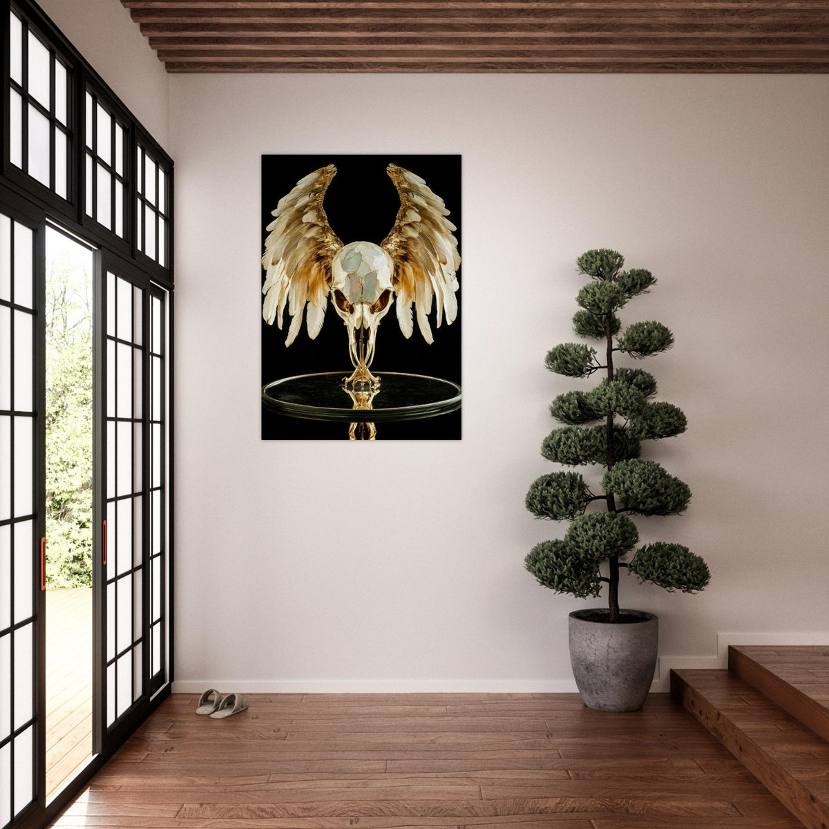 Mythical bird skull plated in gold wings - Shop Ai Art WebShop - Digital Art online Store