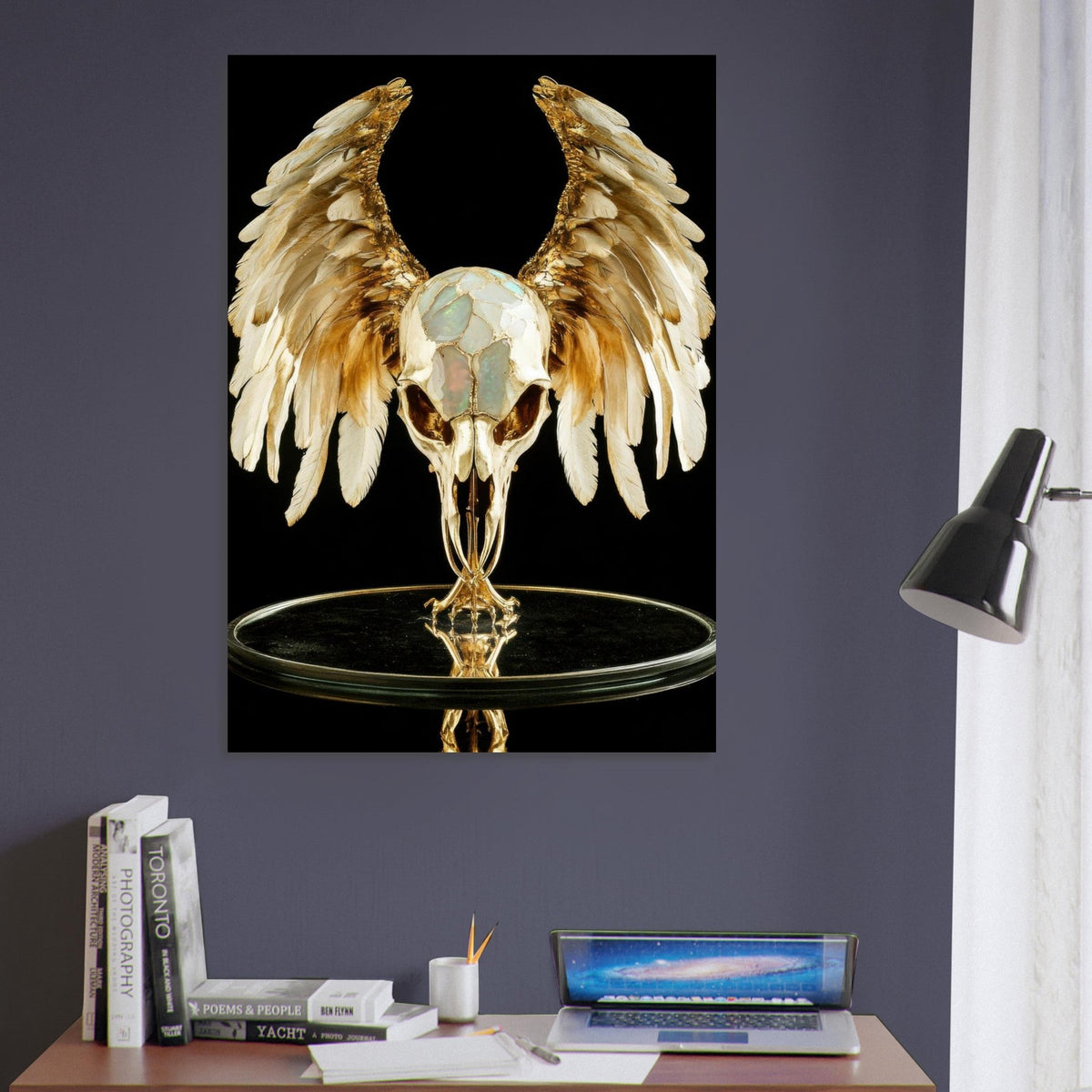 Mythical bird skull plated in gold wings - Shop Ai Art WebShop - Digital Art online Store