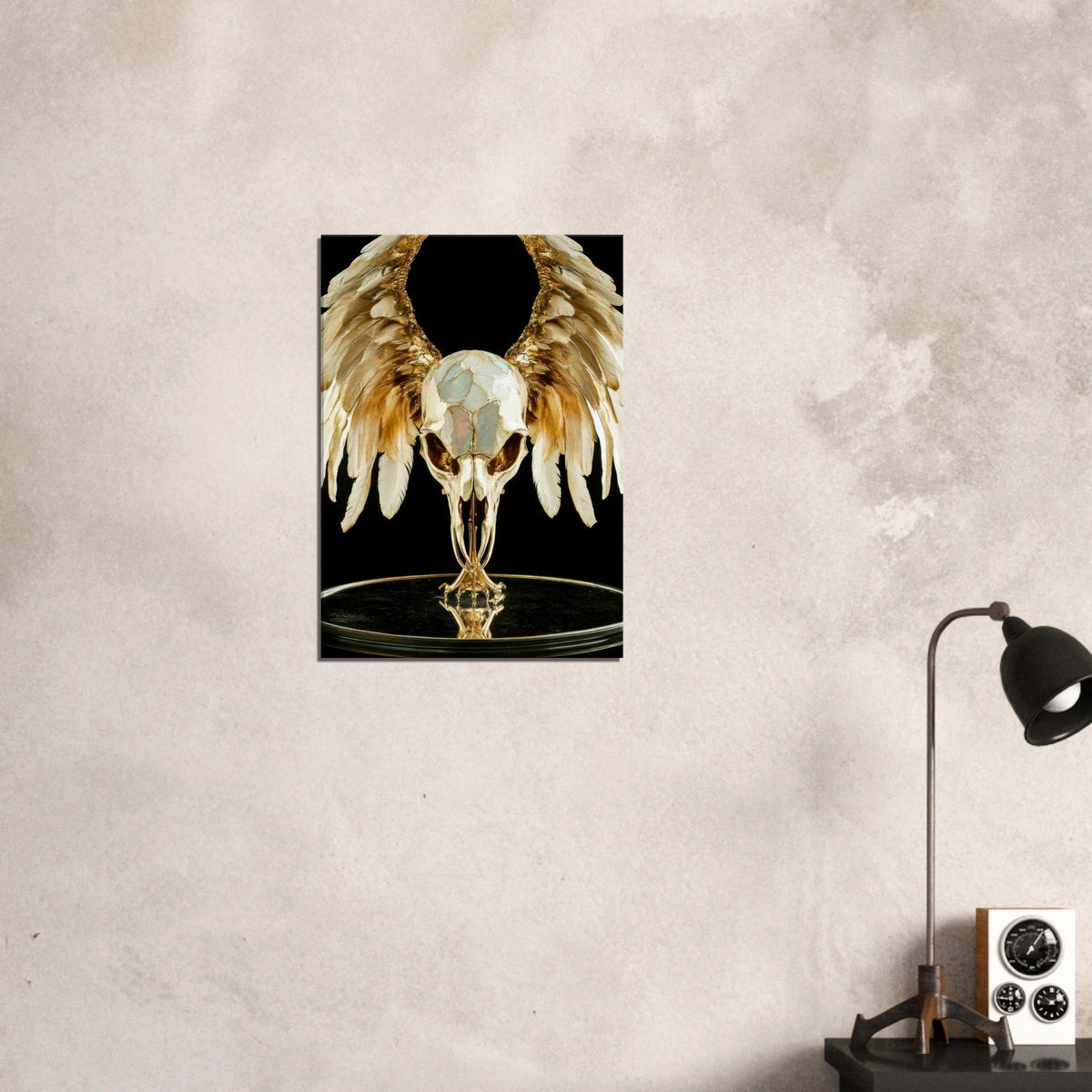 Mythical bird skull plated in gold wings - Shop Ai Art WebShop - Digital Art online Store