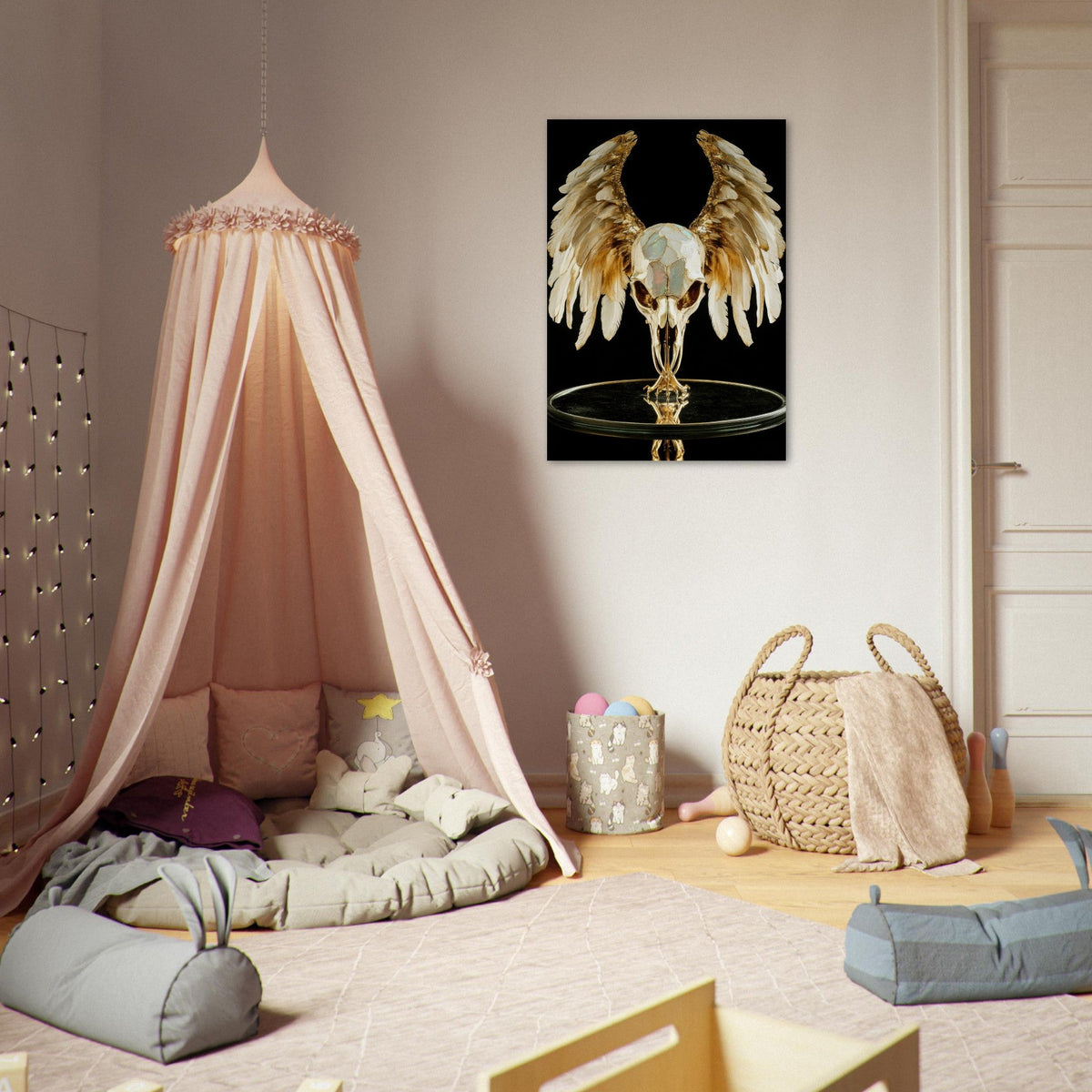 Mythical bird skull plated in gold wings - Shop Ai Art WebShop - Digital Art online Store