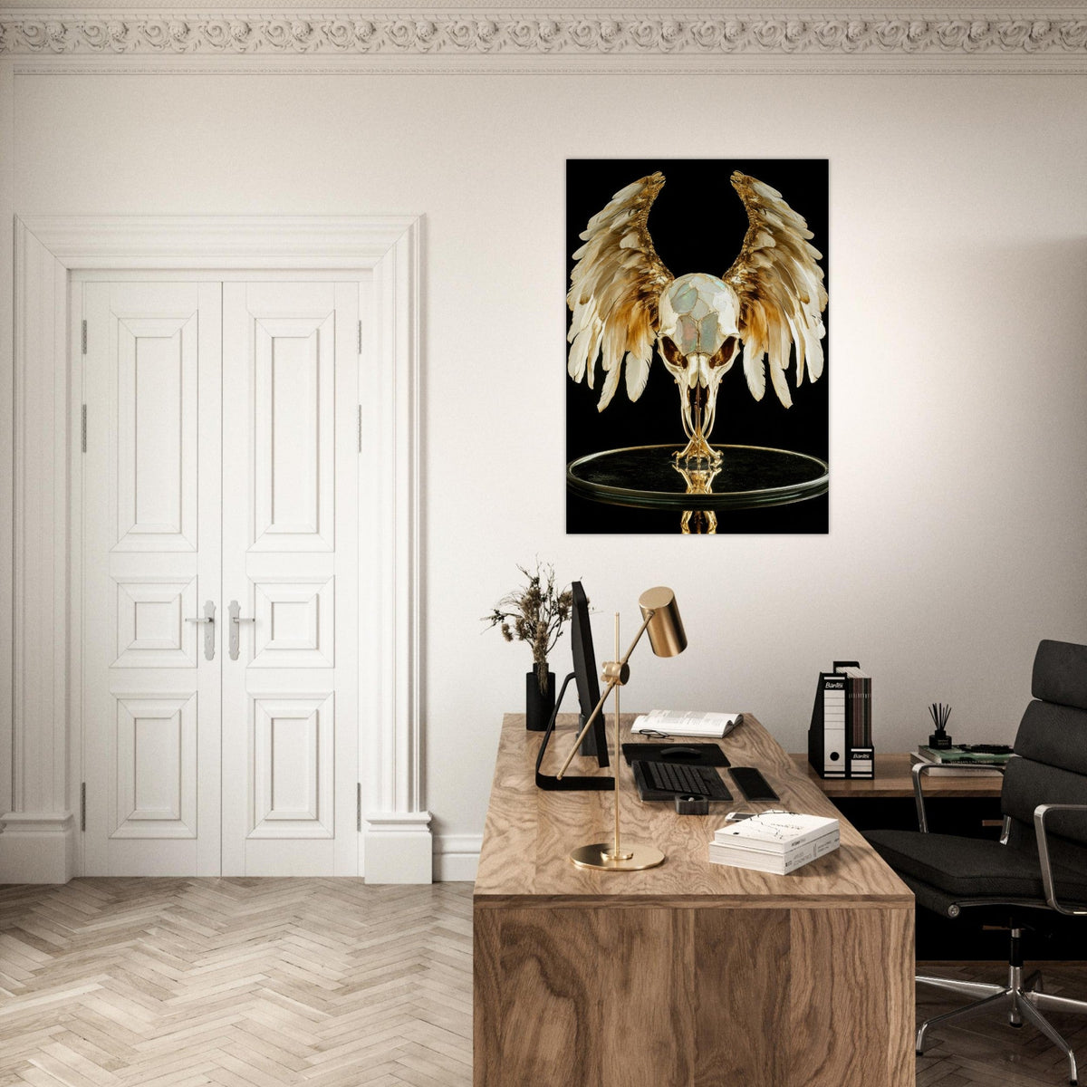 Mythical bird skull plated in gold wings - Shop Ai Art WebShop - Digital Art online Store