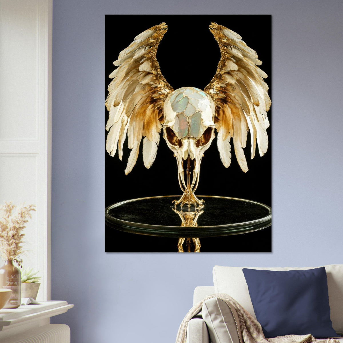 Mythical bird skull plated in gold wings - Shop Ai Art WebShop - Digital Art online Store
