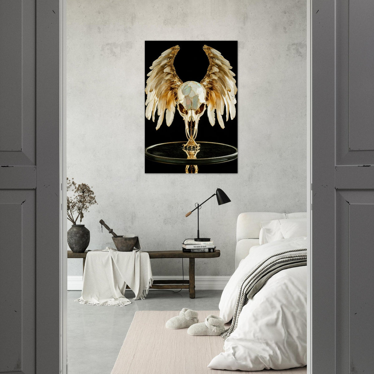 Mythical bird skull plated in gold wings - Shop Ai Art WebShop - Digital Art online Store
