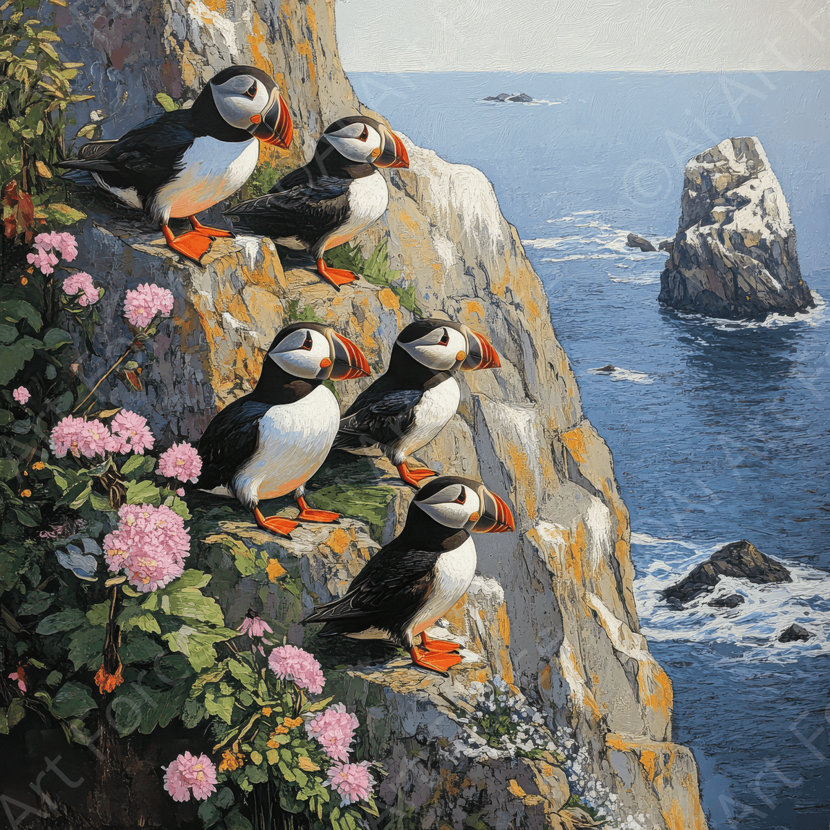 Puffins Nesting on a Cliffside 2 - Shop Ai Art WebShop - Digital Art online Store