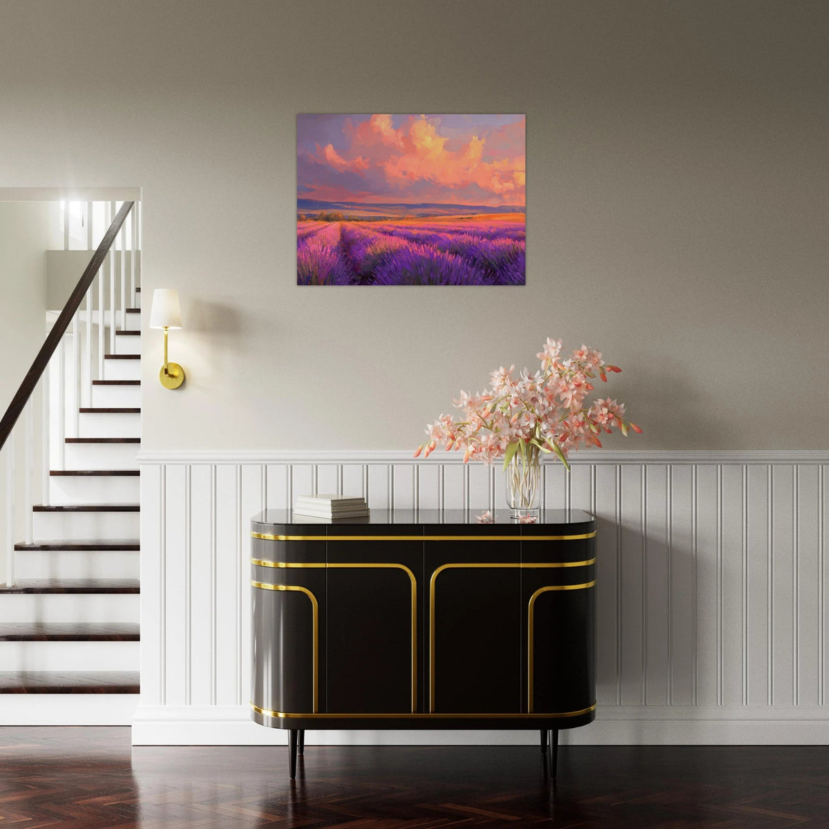 Rolling lavender fields under a pink - hued sunset - Shop Ai Art WebShop - Digital Art online Store