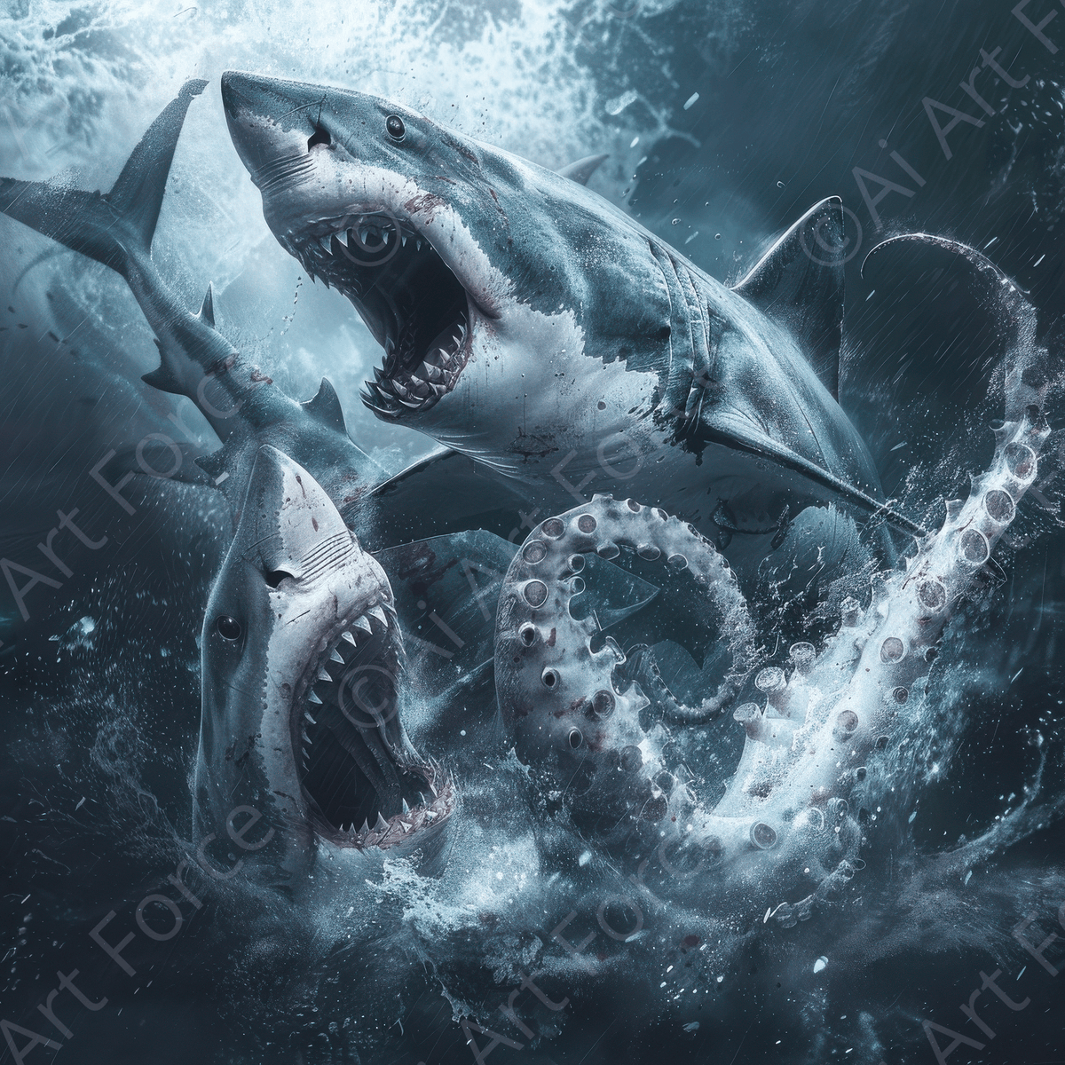 Rough Nature White Shark vs Giant Squid - Shop Ai Art WebShop - Digital Art online Store