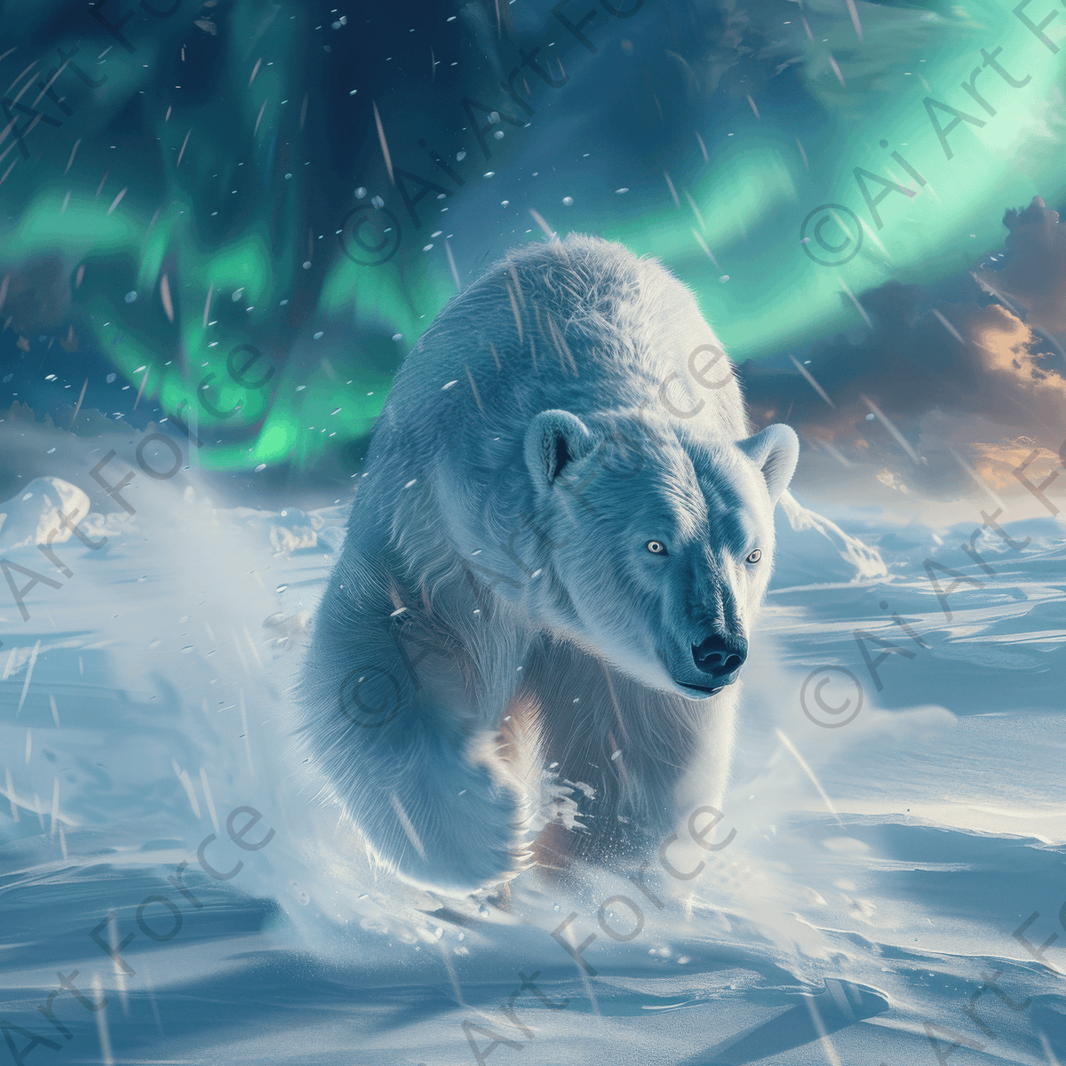 Strong Polar Bear in the cold Night walking under Northern Lights - Shop Ai Art WebShop - Digital Art online Store