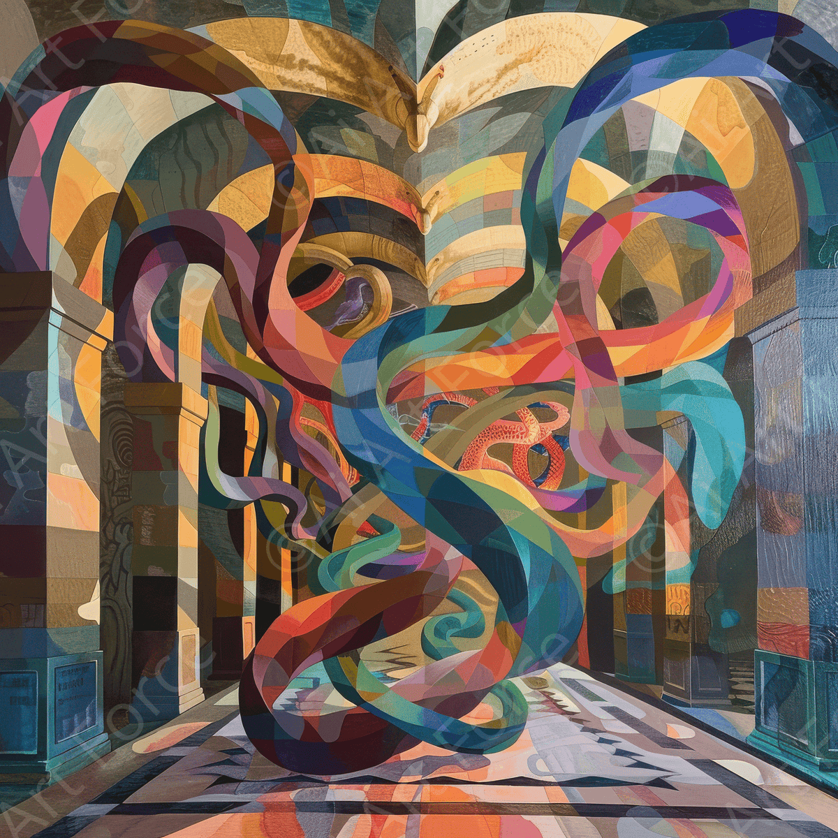 The Hall of Serpentine Whispers abstract art style - Shop Ai Art WebShop - Digital Art online Store