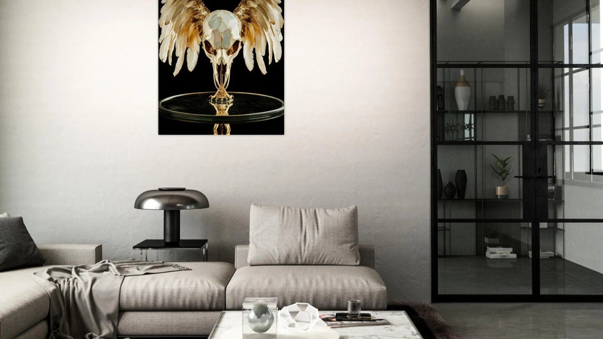 Modern living room with a large abstract painting on the wall.