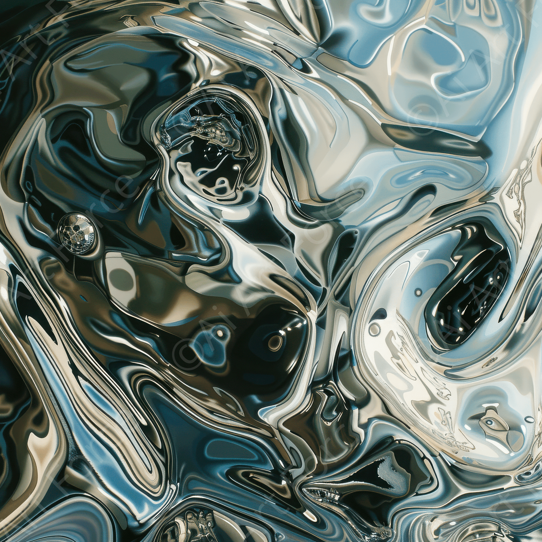 Digital Ai Artwork, of Abstract Liquid Chrome, ideal for art enthusiasts and collectors.