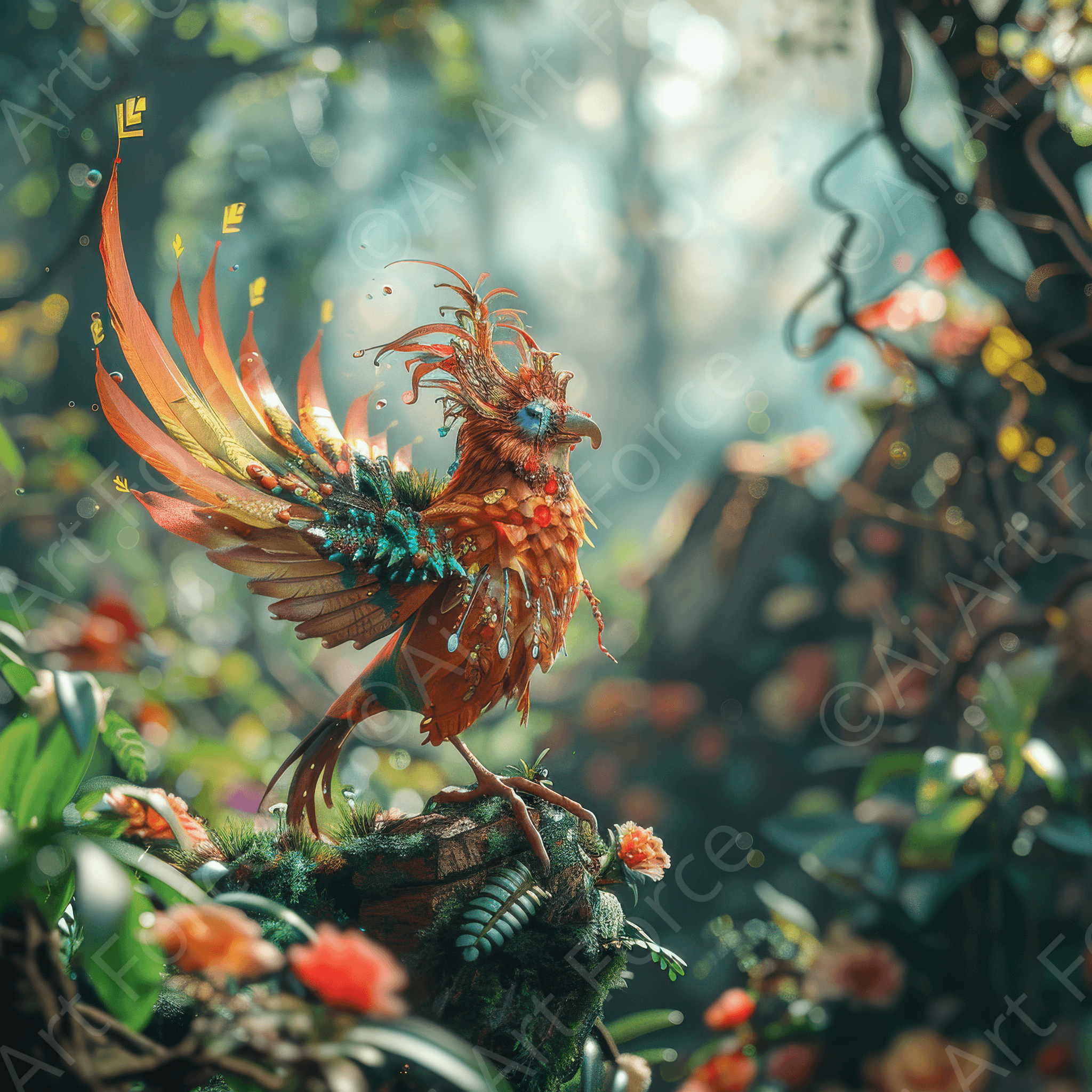 Digital Ai Artwork, of Amazing fantasy world with fantasy creatures 55m birds, ideal for art enthusiasts and collectors.