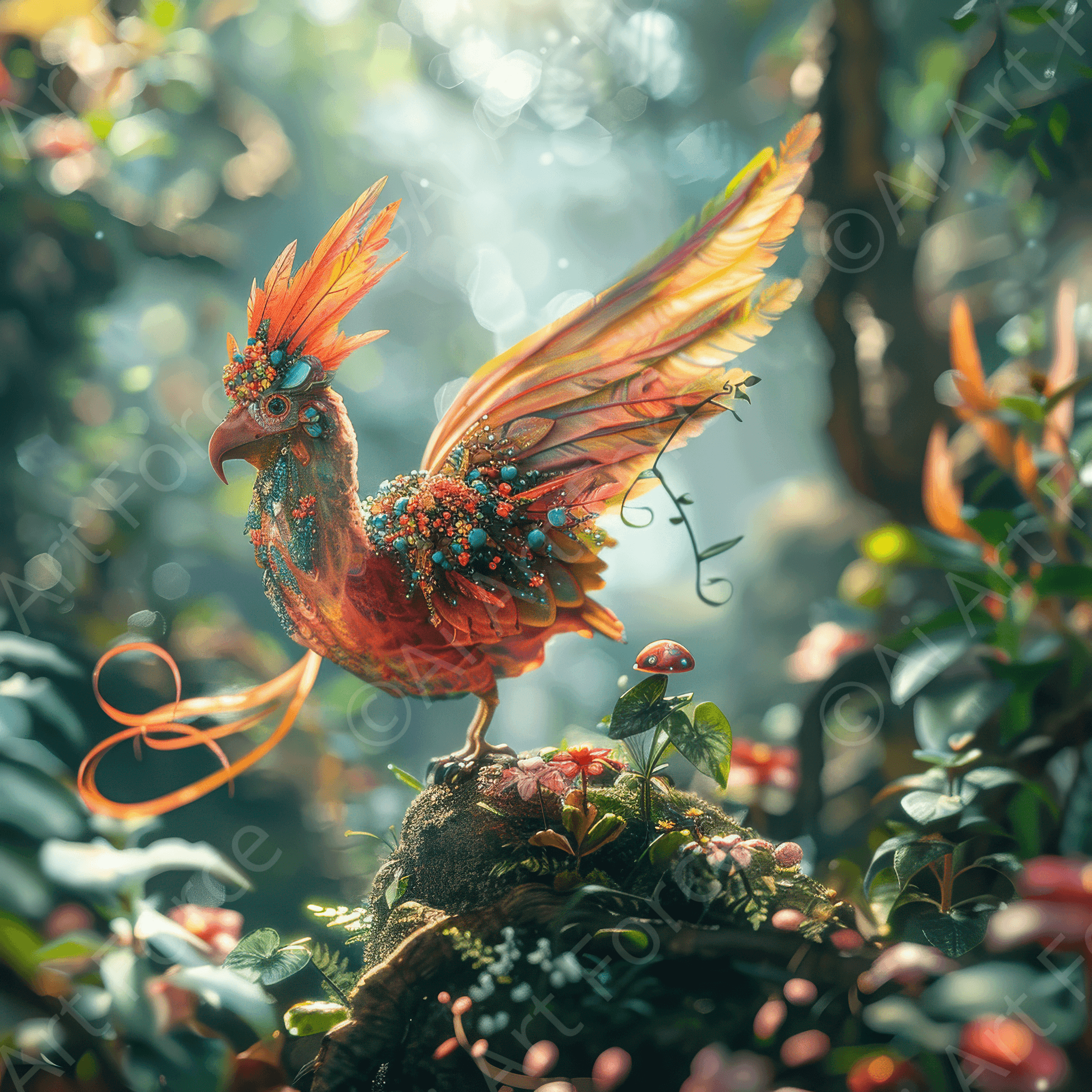 Digital Ai Artwork, of Amazing fantasy world with fantasy creatures 55m birds 3, ideal for art enthusiasts and collectors.