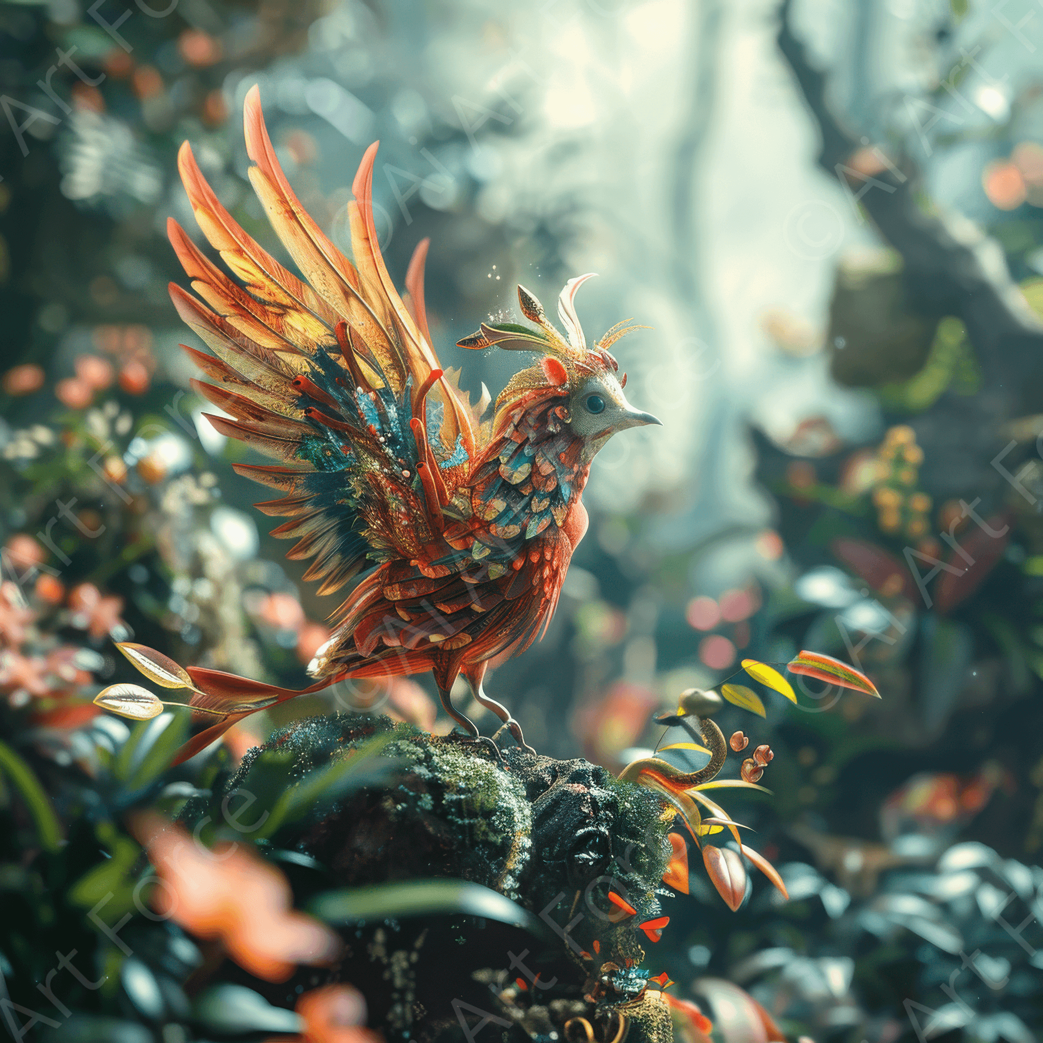 Digital Ai Artwork, of Amazing fantasy world with fantasy creatures 55m birds 5, ideal for art enthusiasts and collectors.