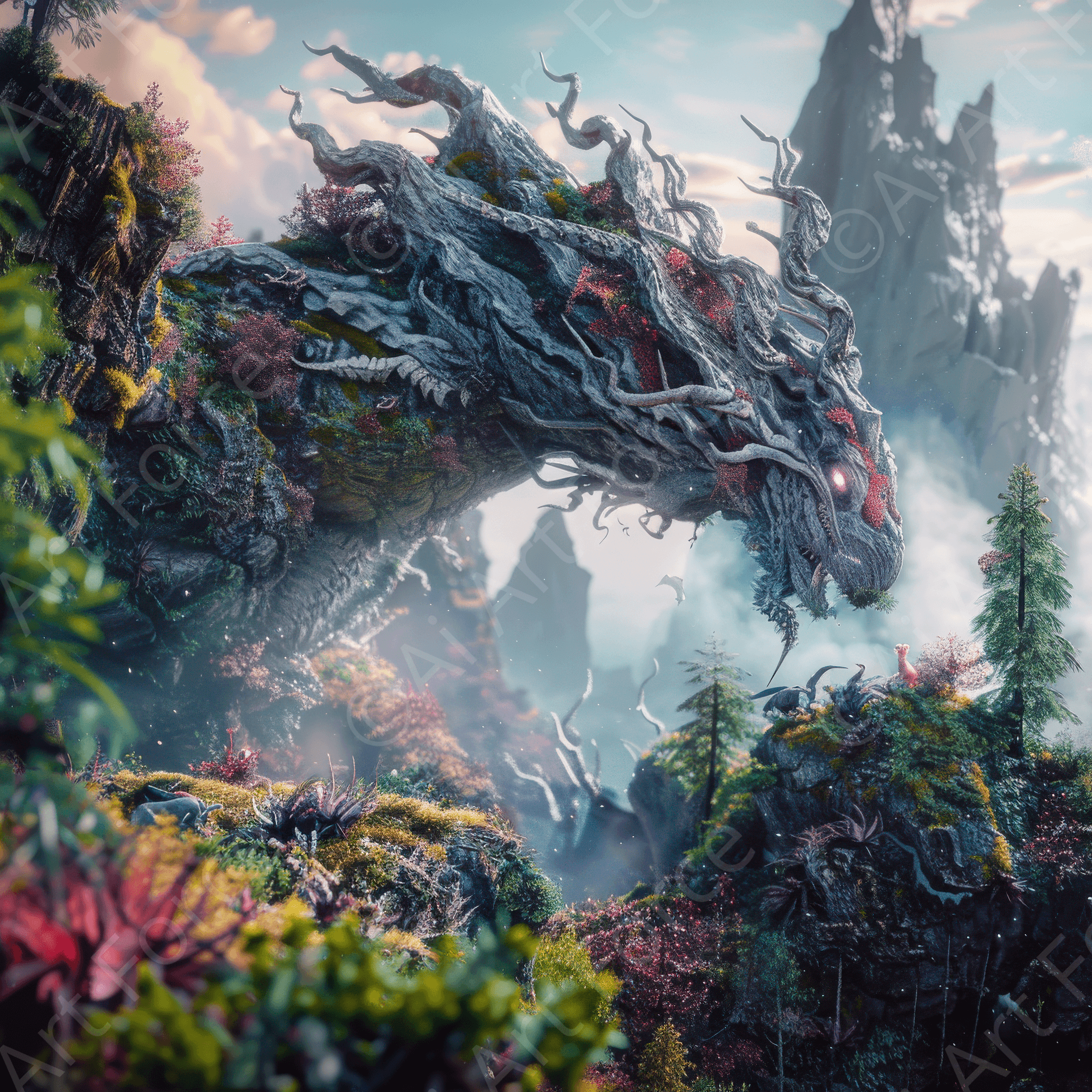 Digital Ai Artwork, of Amazing fantasy world with fantasy creatures 55mm dragon 1, ideal for art enthusiasts and collectors.