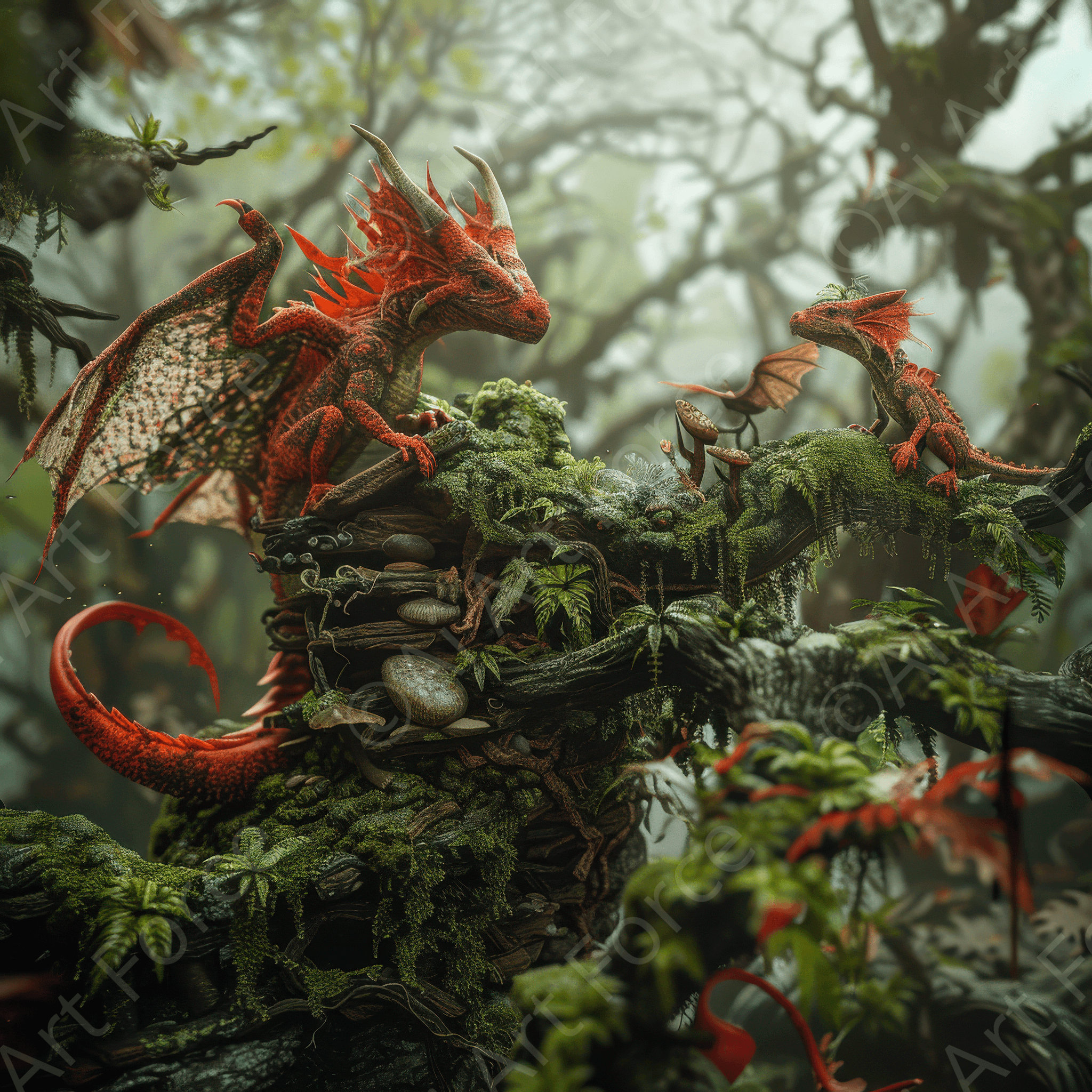 Digital Ai Artwork, of Amazing fantasy world with fantasy creatures 55mm dragon family 1, ideal for art enthusiasts and collectors.