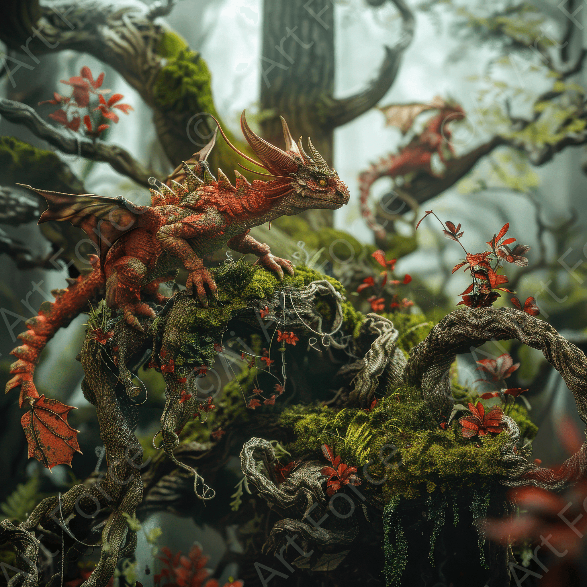 Digital Ai Artwork, of Amazing fantasy world with fantasy creatures 55mm dragon family 3, ideal for art enthusiasts and collectors.