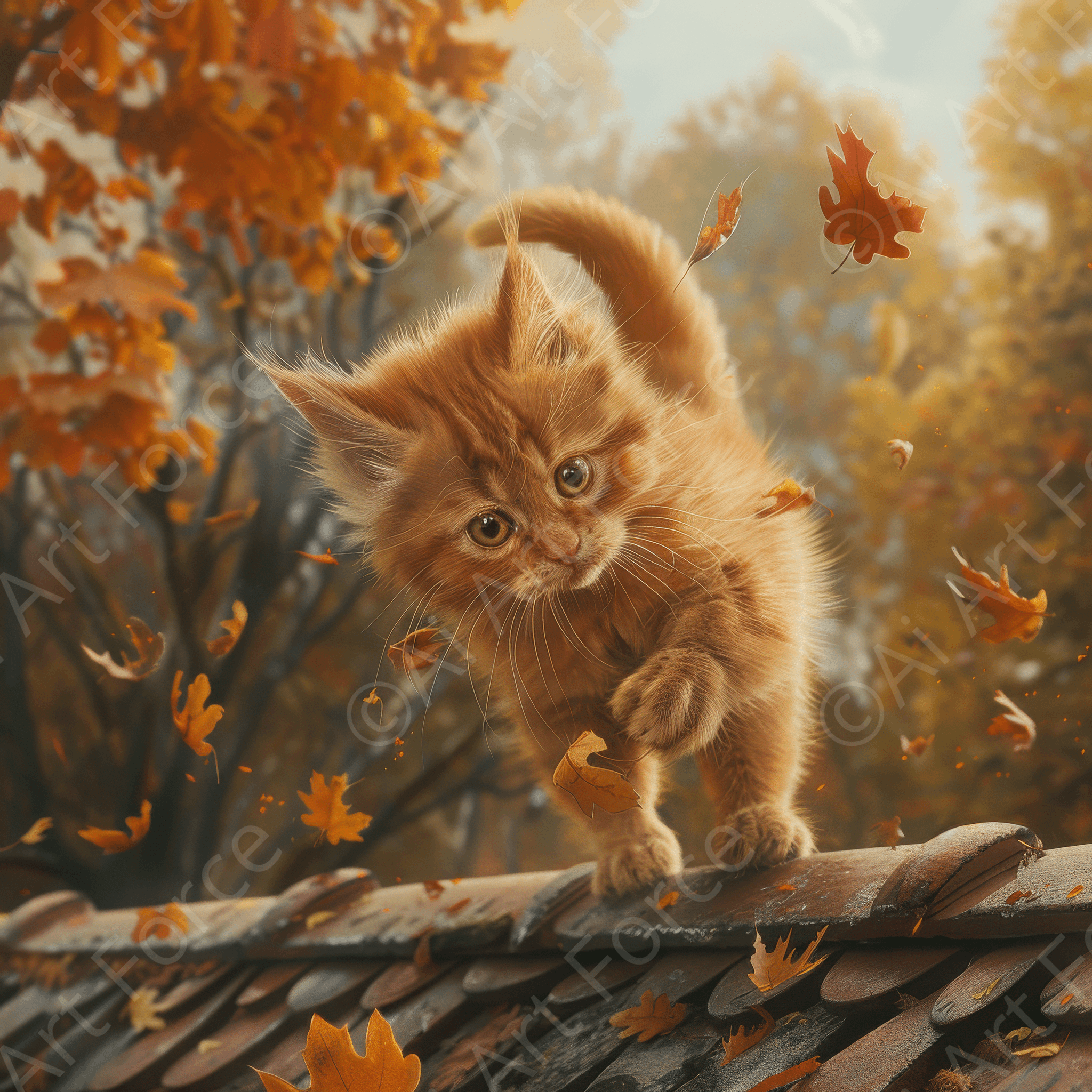 Digital Ai Artwork, of Baby Kitty Cat following Leafs Playing garden tricks, ideal for art enthusiasts and collectors.