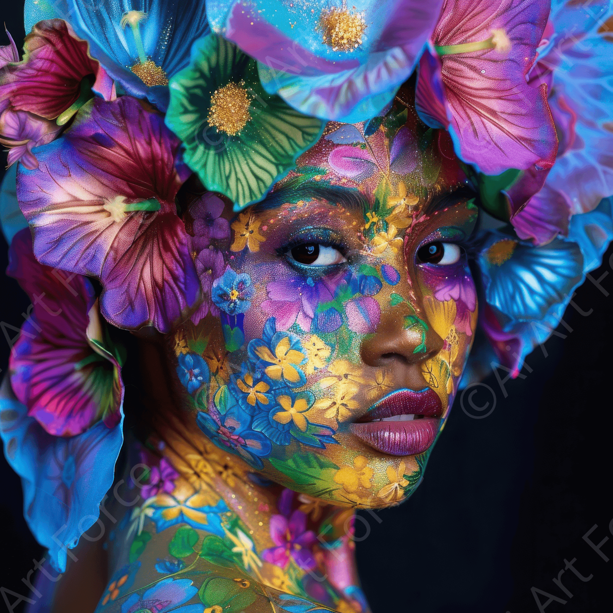 Digital Ai Artwork, of Colorfull Flower Art Bodypaint, ideal for art enthusiasts and collectors.