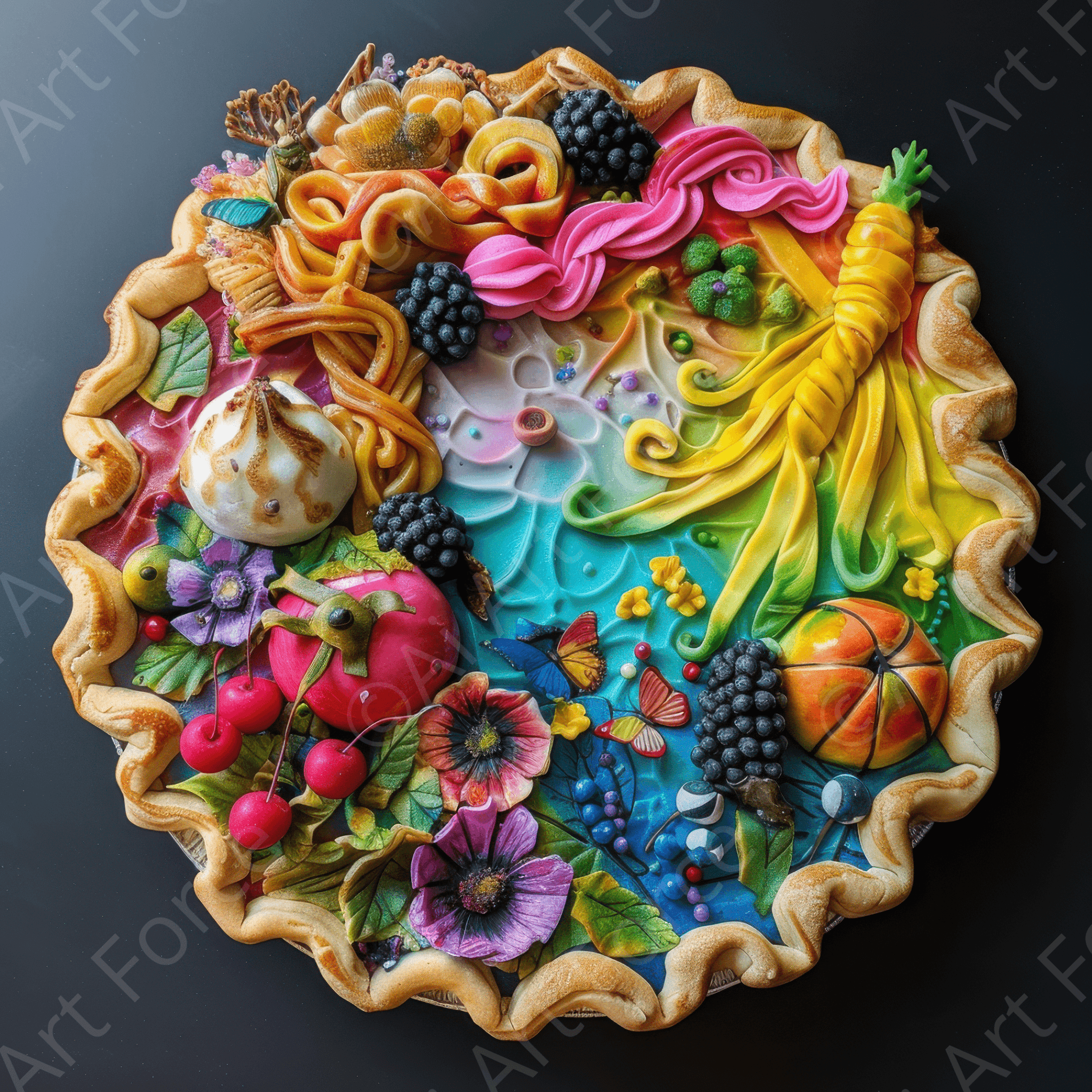 Digital Ai Artwork, of Colorfull pastry fruit pie, ideal for art enthusiasts and collectors.