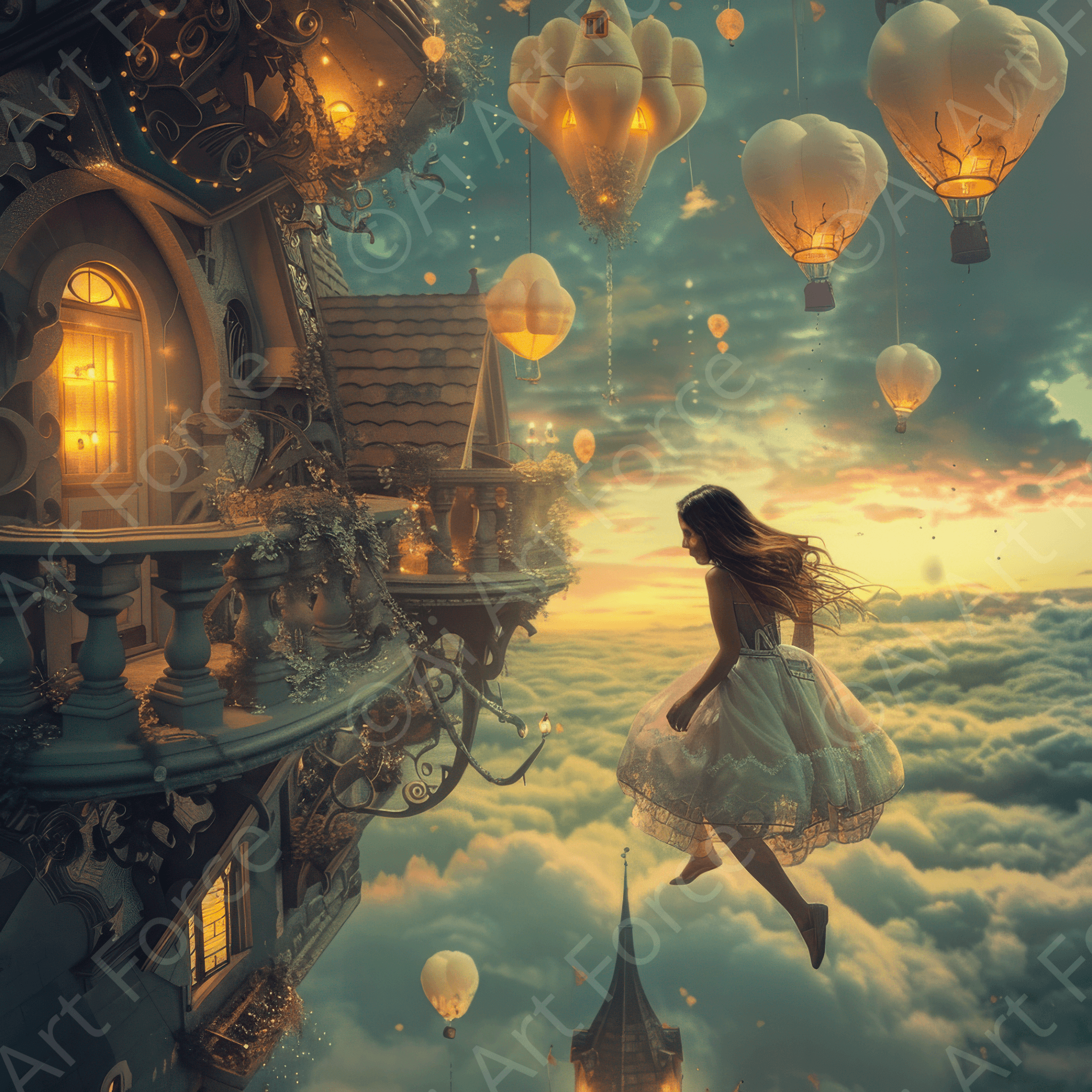 Digital Ai Artwork, of Dreamers fairytale existence flying around, ideal for art enthusiasts and collectors.