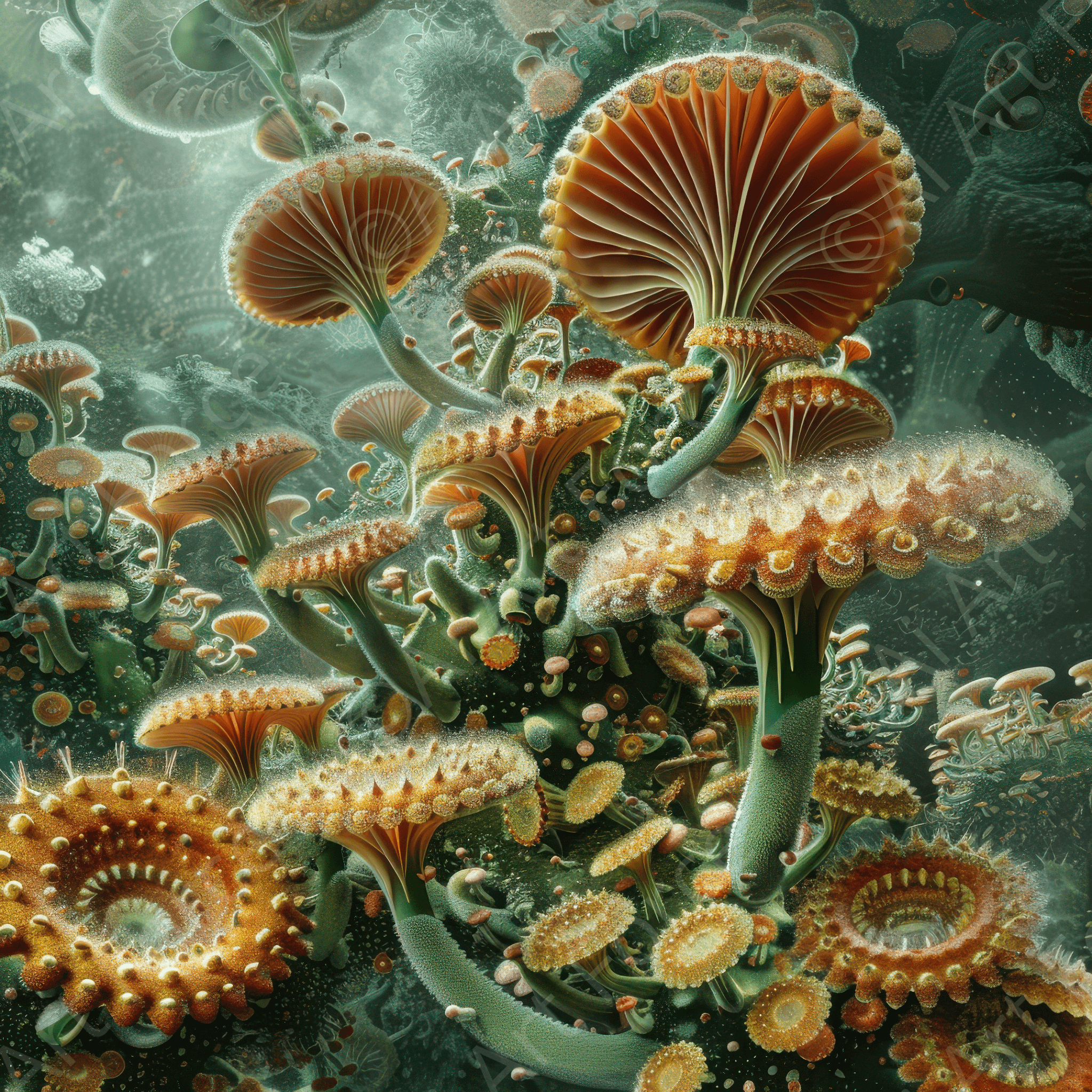 Digital Ai Artwork, of Fantasy Mushrooms psychedelic formations, ideal for art enthusiasts and collectors.