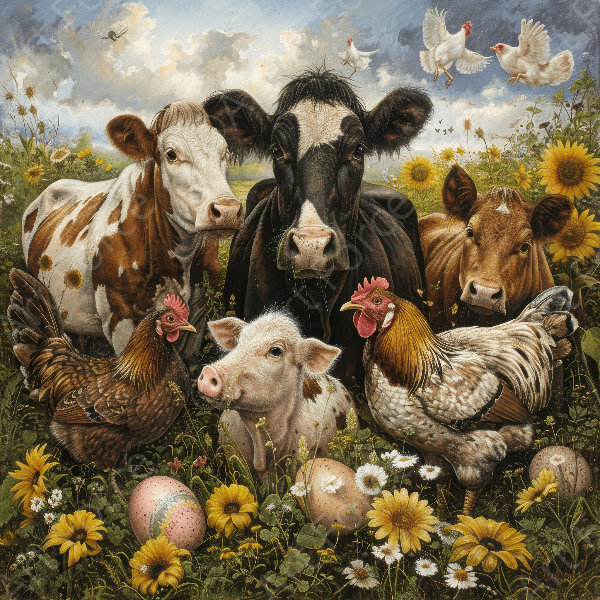 Digital Ai Artwork, of Farm Animals Cow Chicken and Piggy, ideal for art enthusiasts and collectors.