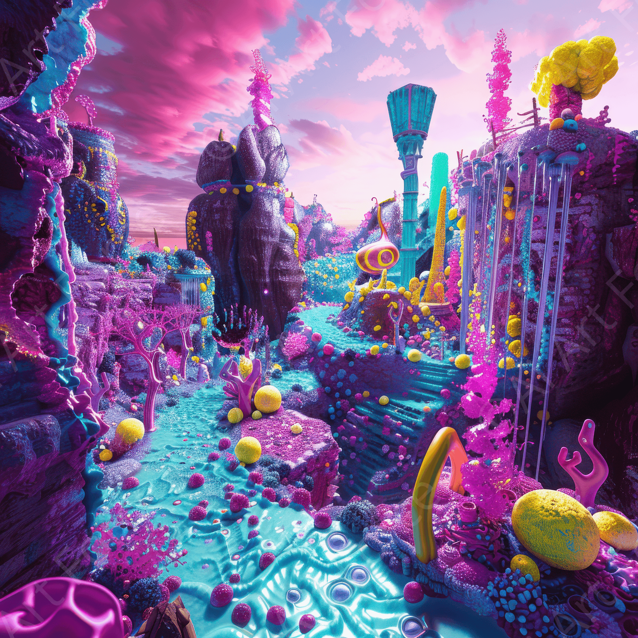Digital Ai Artwork, of Fluorescent Fantasy World 1, ideal for art enthusiasts and collectors.