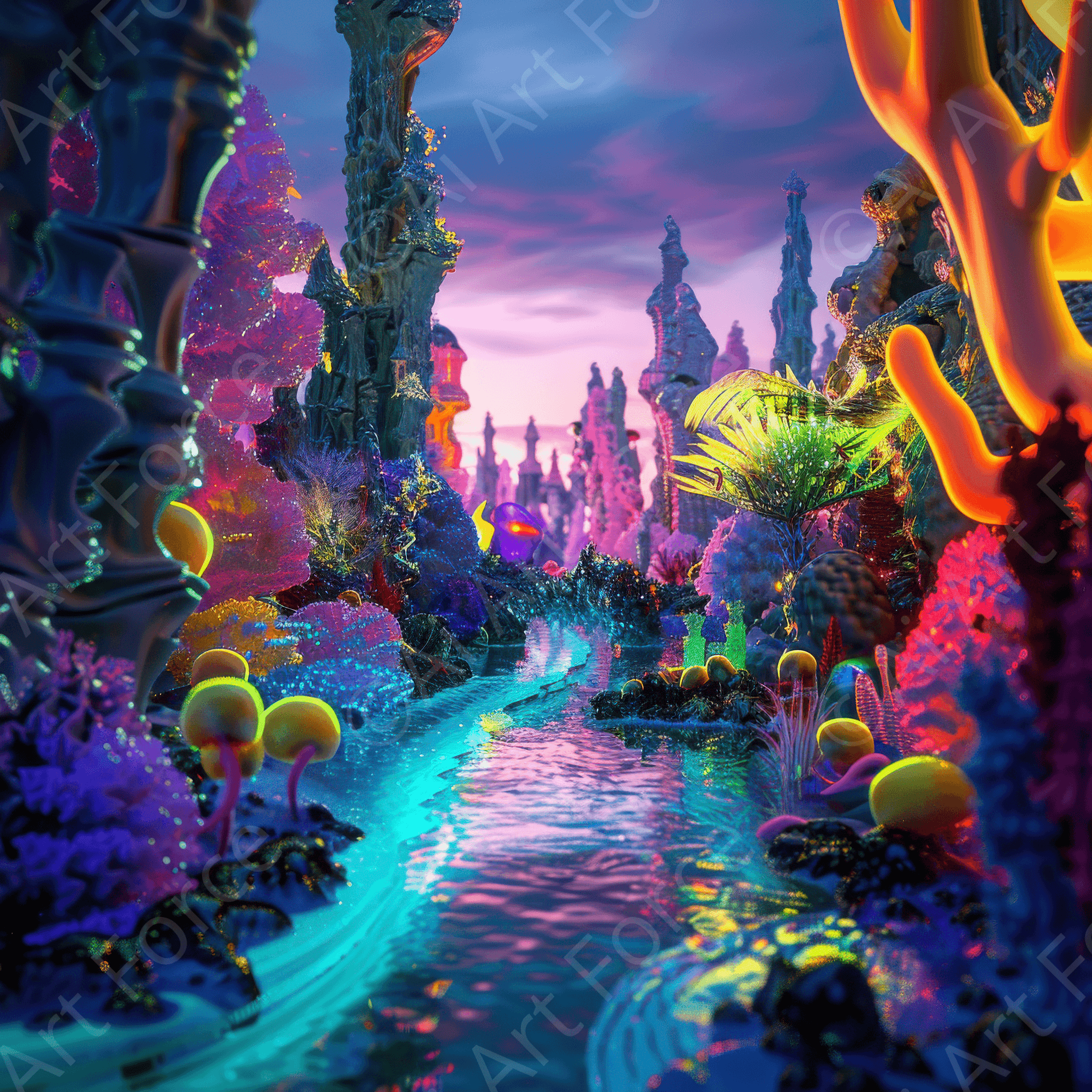 Digital Ai Artwork, of Fluorescent Fantasy World 10, ideal for art enthusiasts and collectors.
