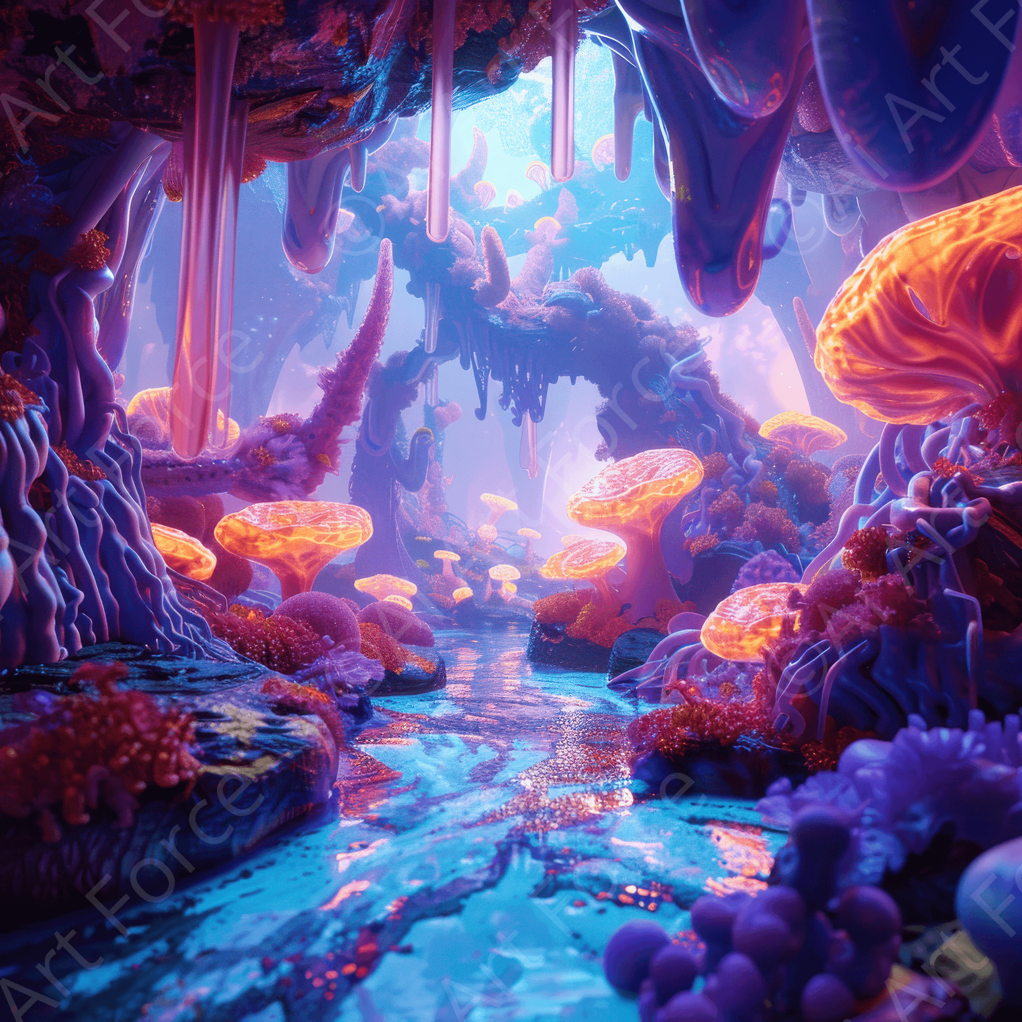 Digital Ai Artwork, of Fluorescent Fantasy World 11, ideal for art enthusiasts and collectors.