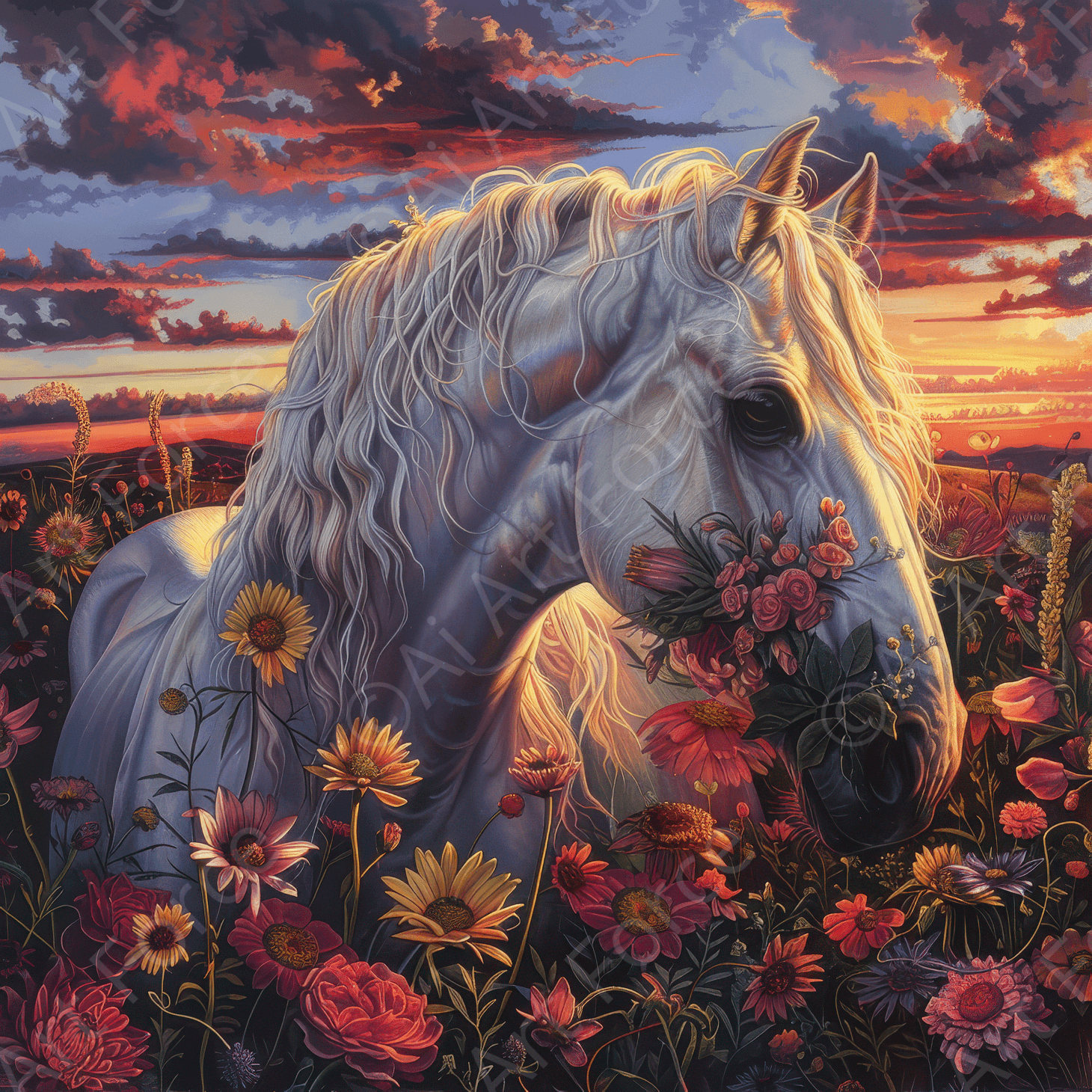 Digital Ai Artwork, of Horse And Flowers, ideal for art enthusiasts and collectors.