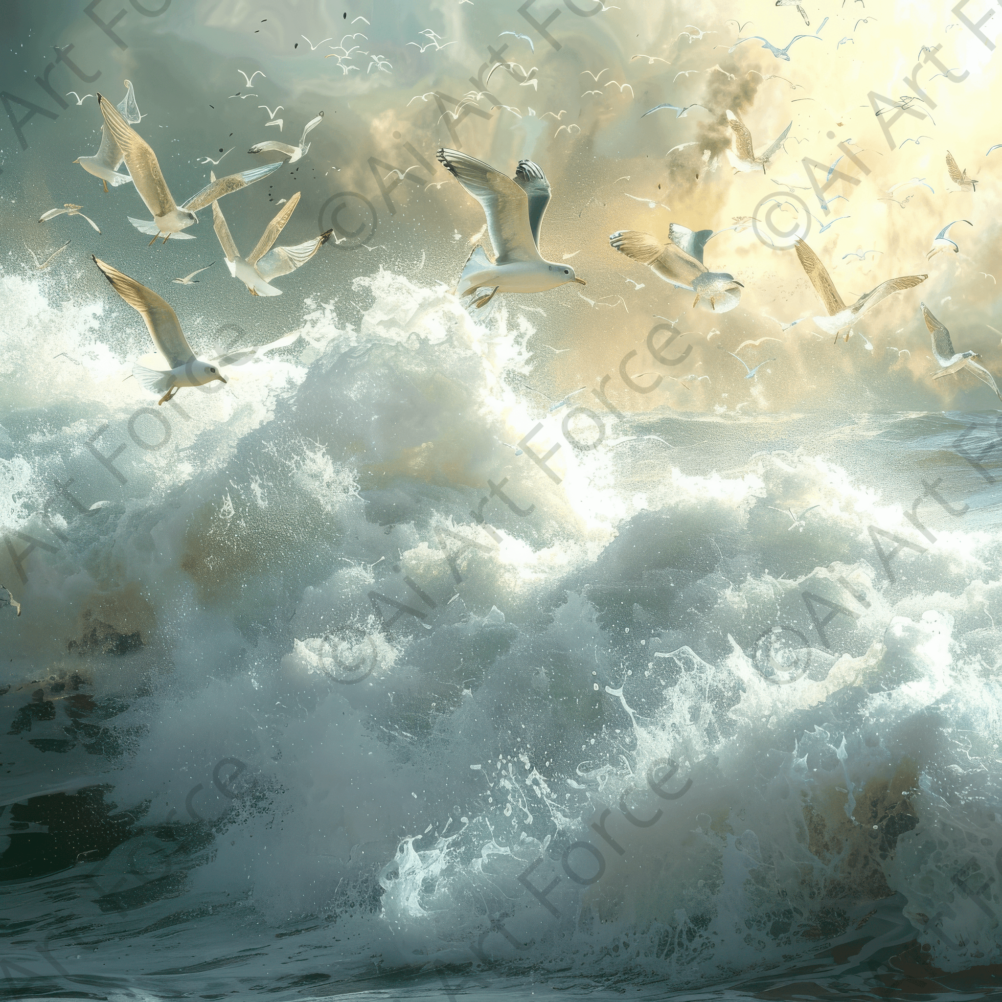 Digital Ai Artwork, of Impressionism beautiful seawaves with seagels flying around 2, ideal for art enthusiasts and collectors.