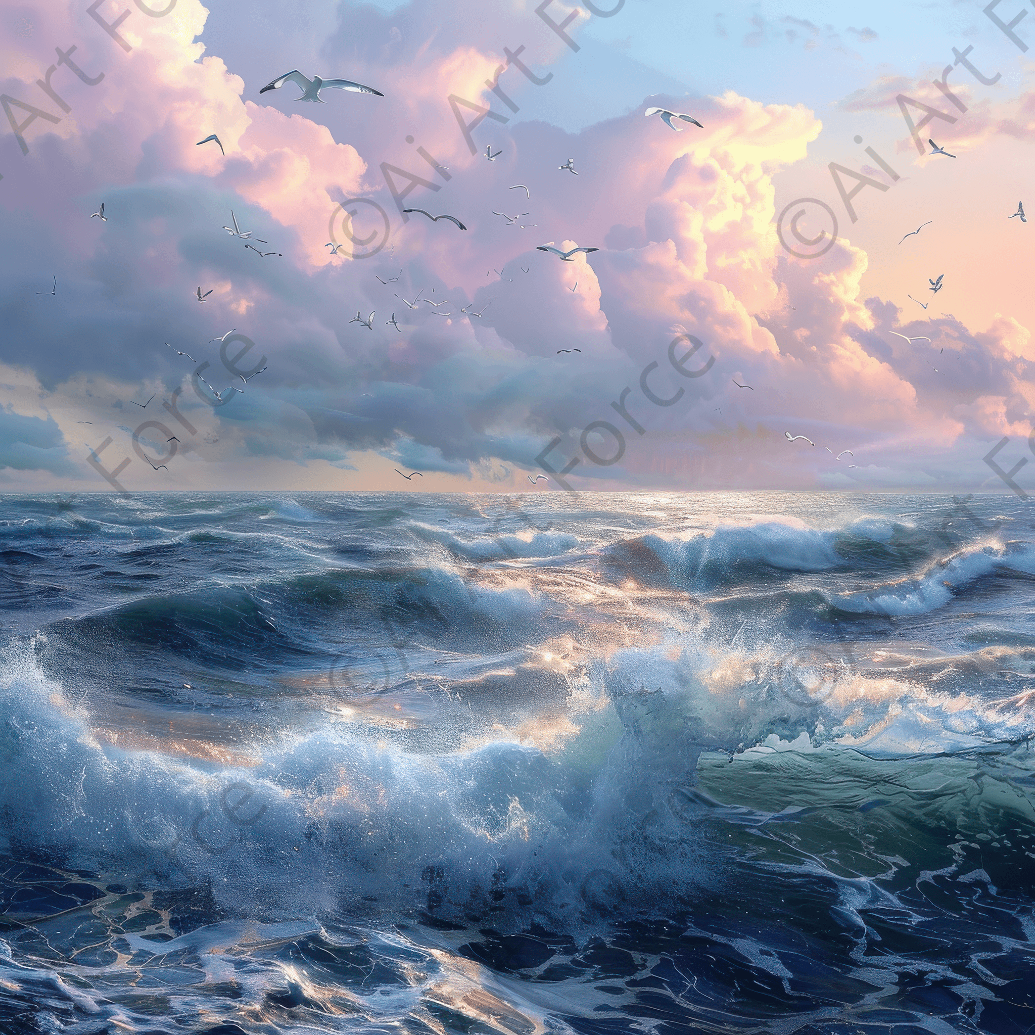 Digital Ai Artwork, of Impressionism beautiful seawaves with seagels flying around 3, ideal for art enthusiasts and collectors.