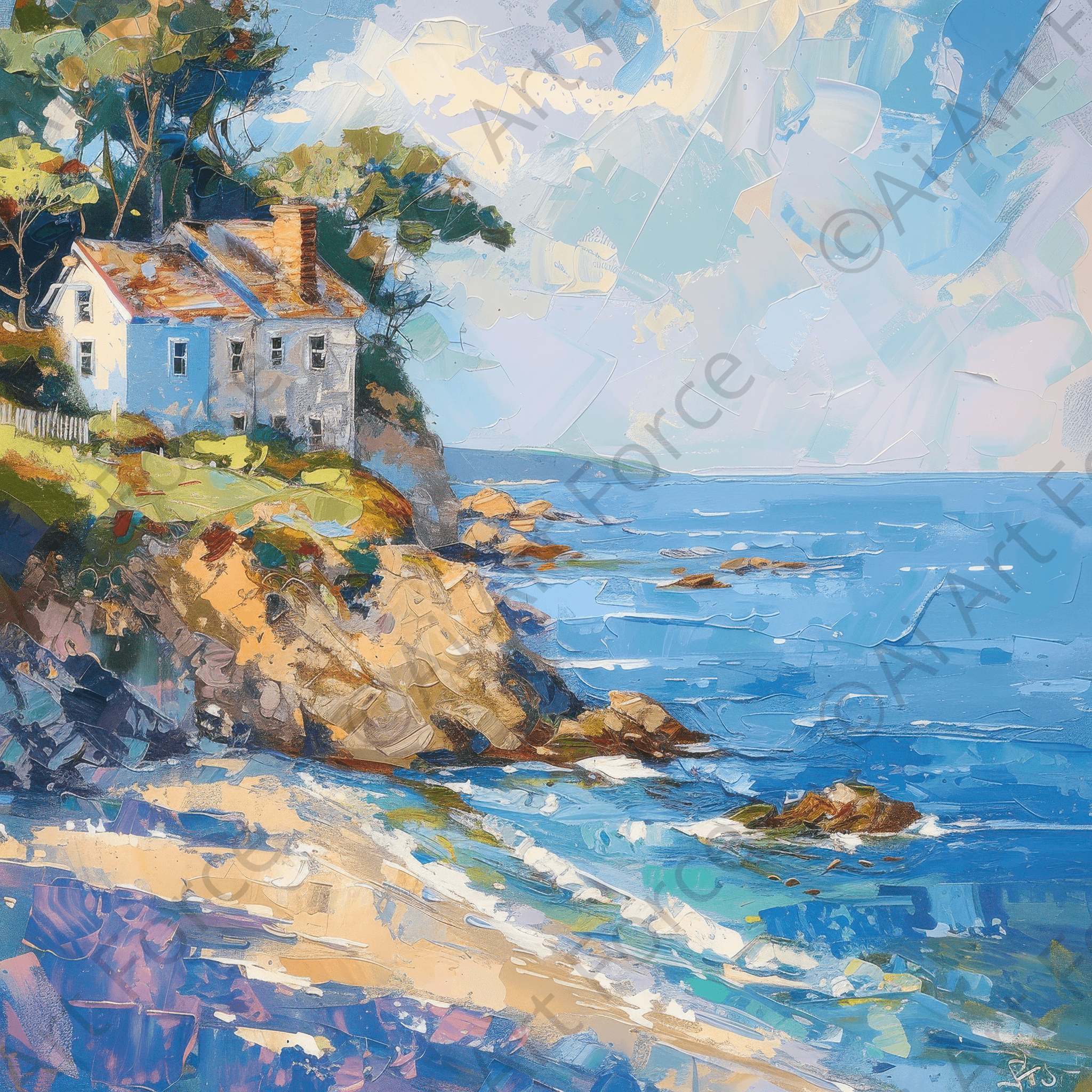 Digital Ai Artwork, of Impressionism coastal style beach feeling 1, ideal for art enthusiasts and collectors.