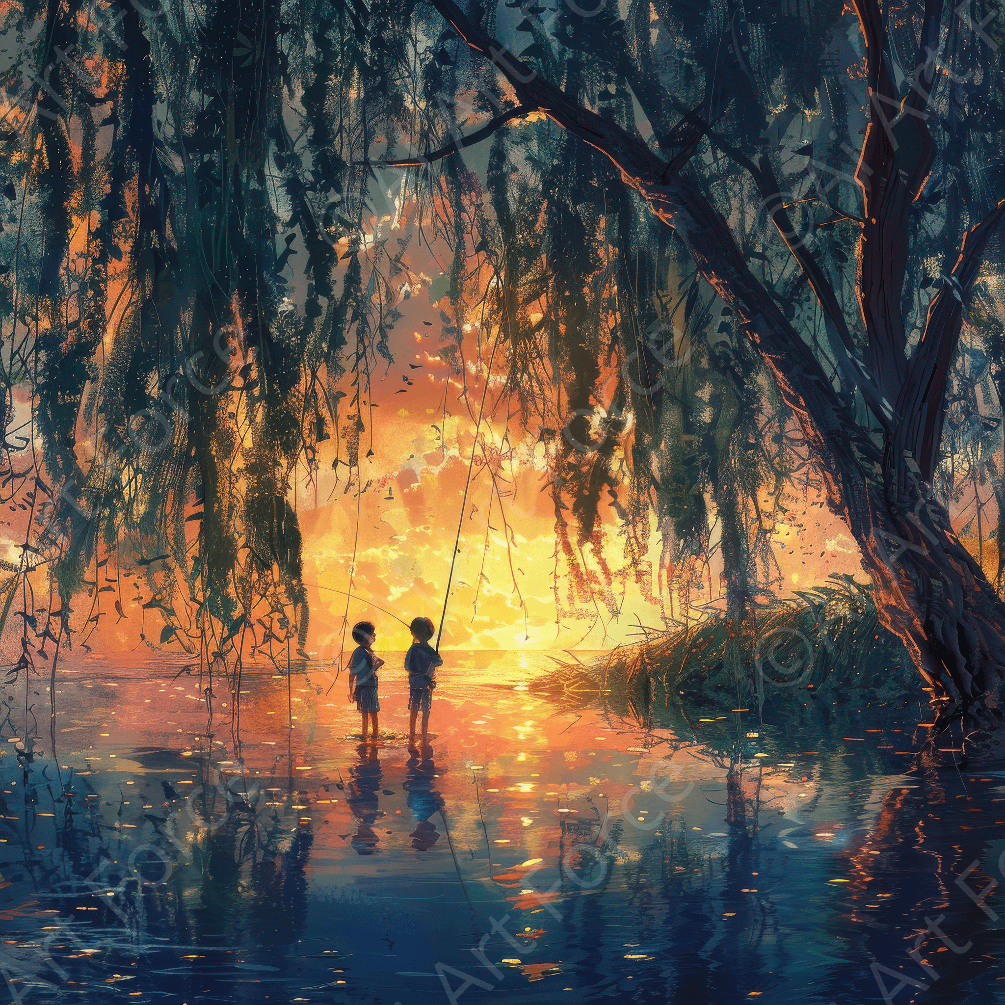 Digital Ai Artwork, of Impressionism Children fishing at a beautiful lake with Willow tree 1, ideal for art enthusiasts and collectors.