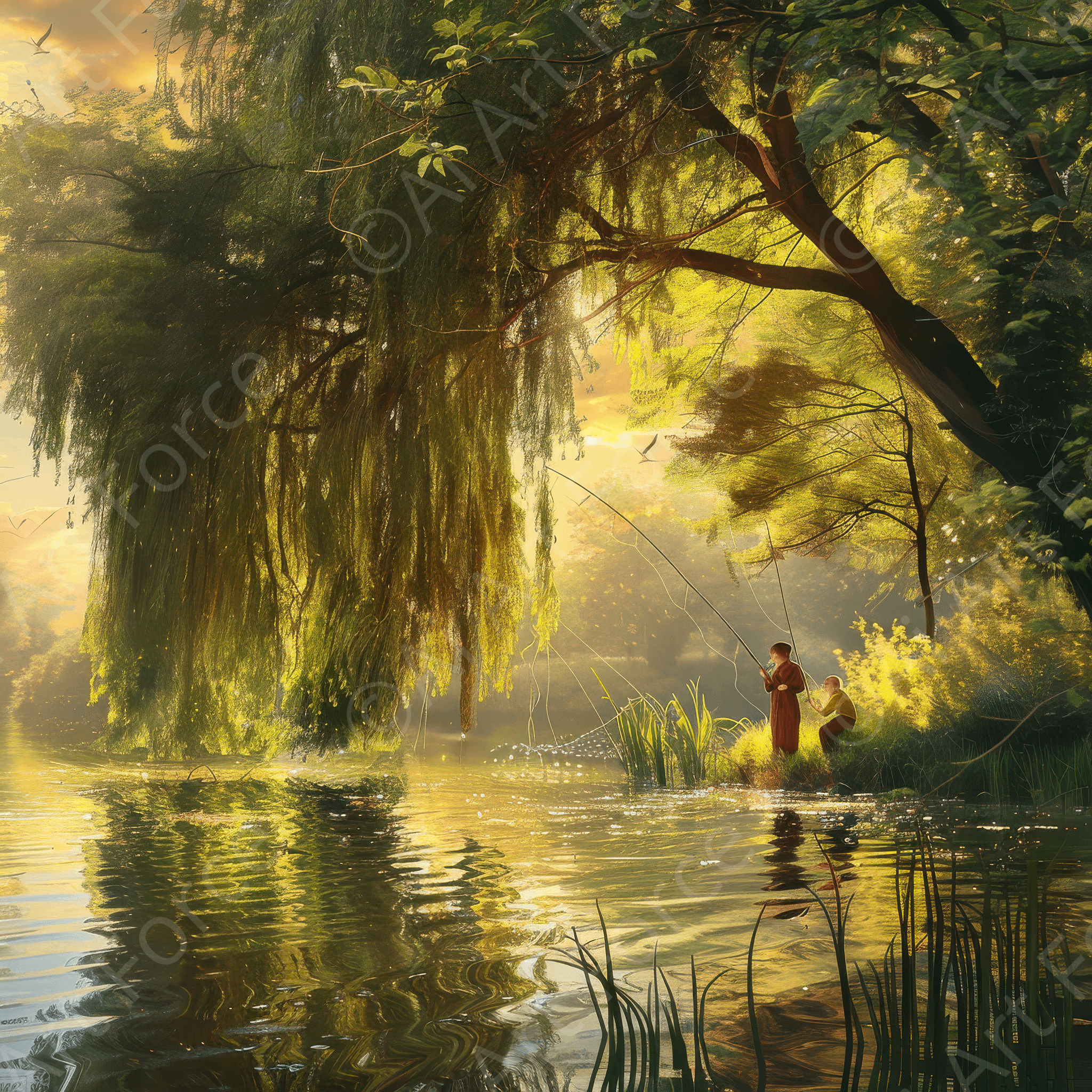 Digital Ai Artwork, of Impressionism Children fishing at a beautiful lake with Willow tree 10, ideal for art enthusiasts and collectors.