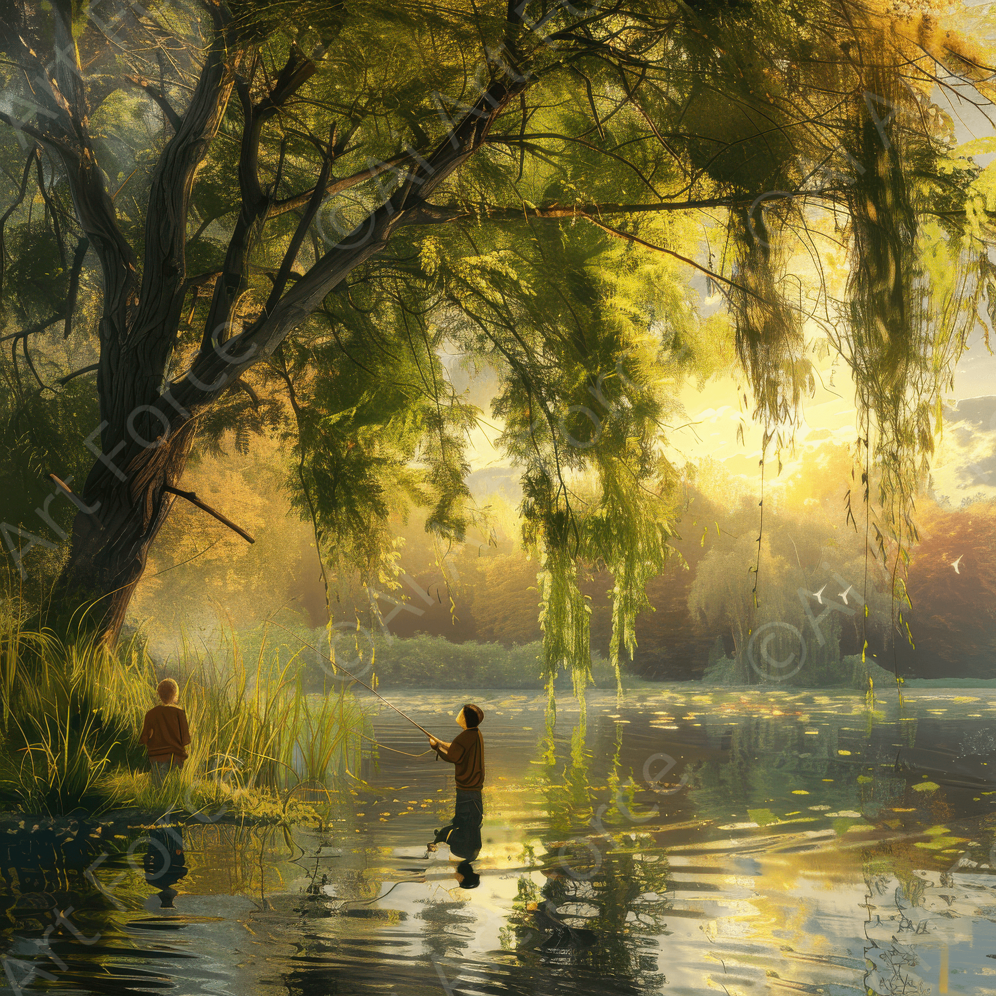 Digital Ai Artwork, of Impressionism Children fishing at a beautiful lake with Willow tree 2, ideal for art enthusiasts and collectors.