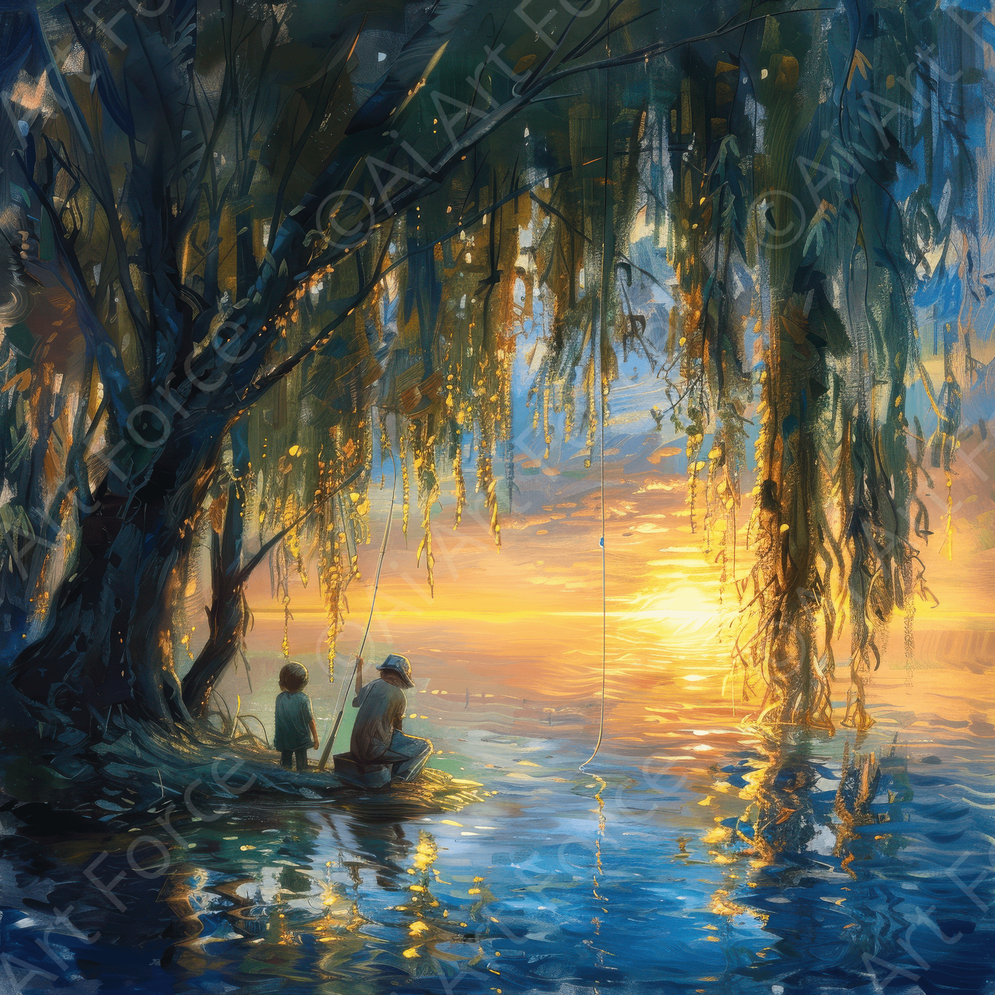 Digital Ai Artwork, of Impressionism Children fishing at a beautiful lake with Willow tree 4, ideal for art enthusiasts and collectors.