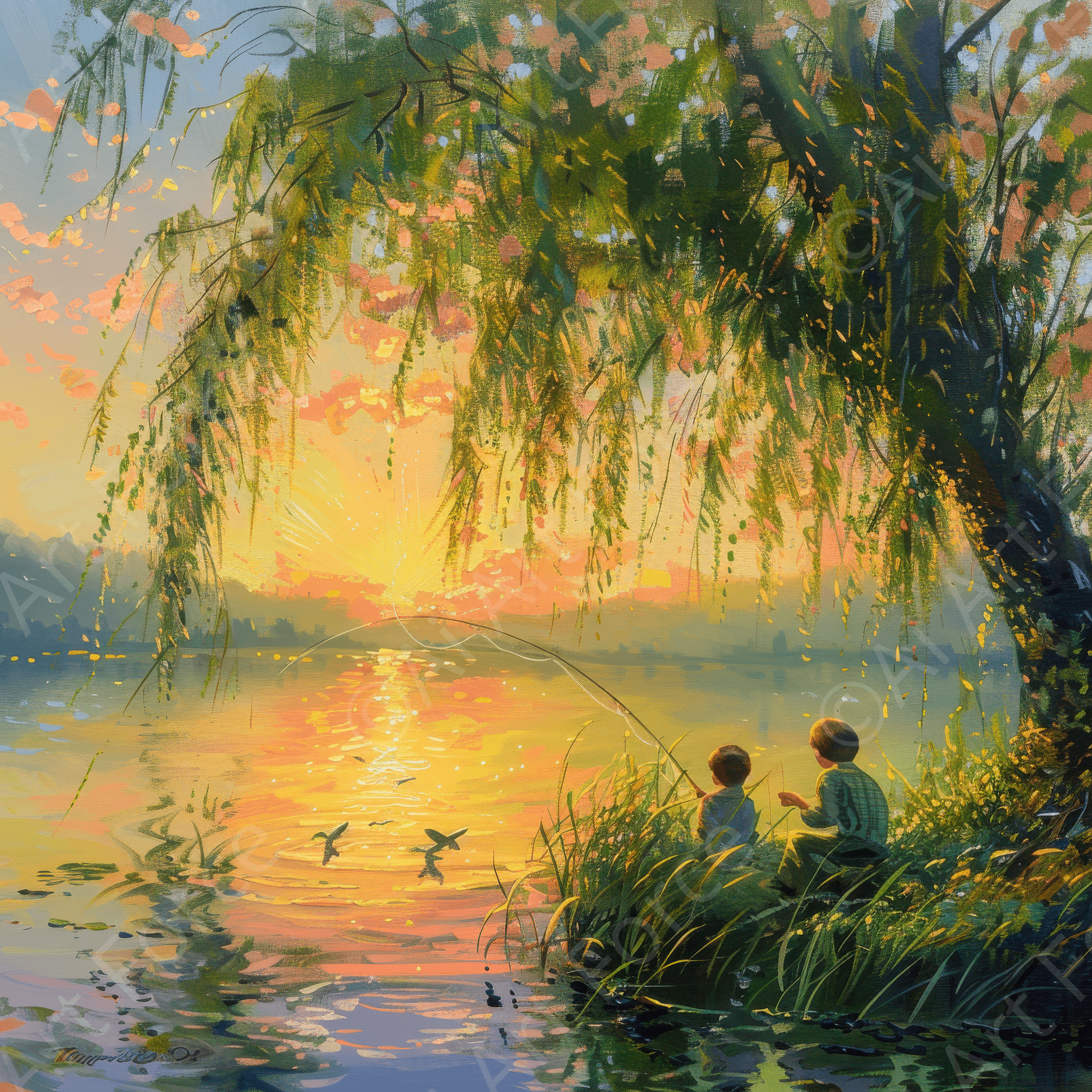 Digital Ai Artwork, of Impressionism Children fishing at a beautiful lake with Willow tree 5, ideal for art enthusiasts and collectors.
