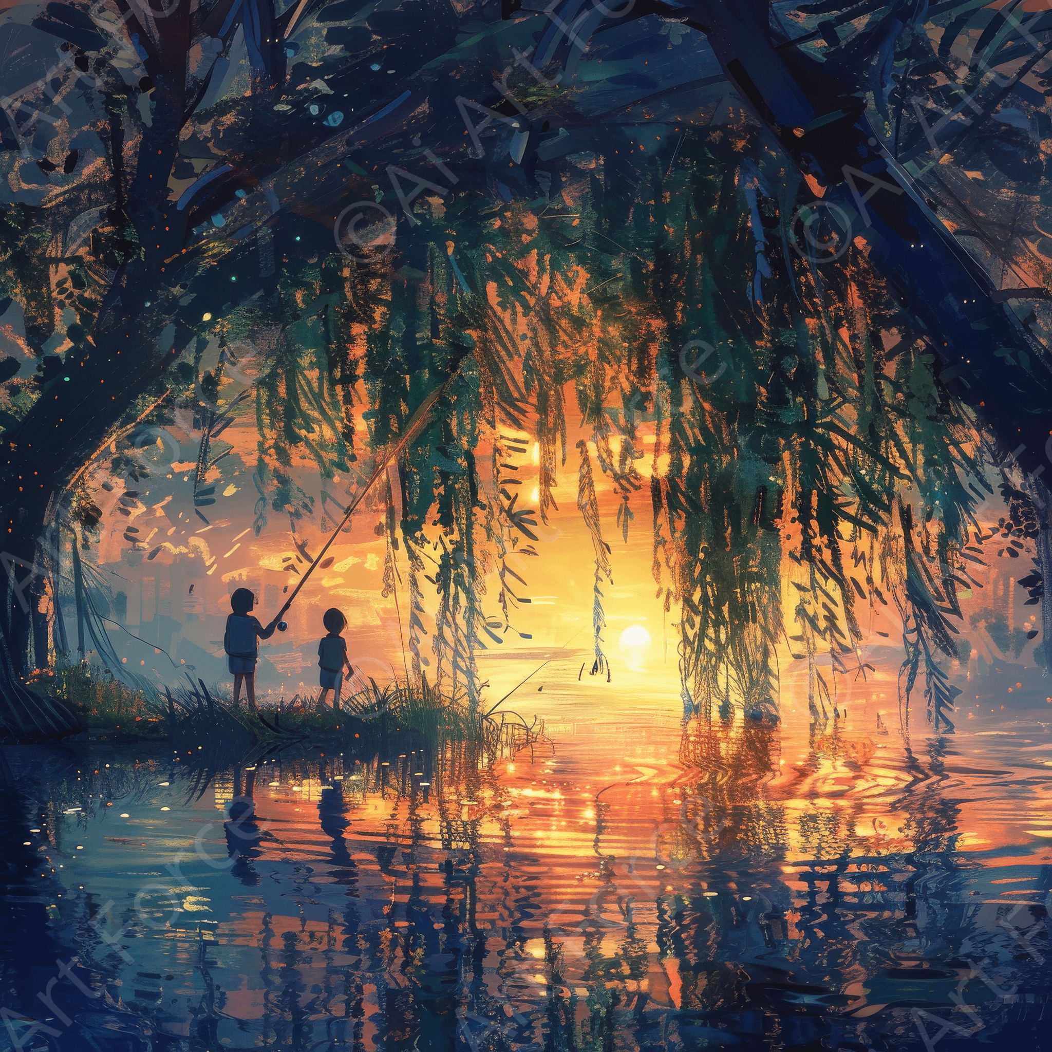 Digital Ai Artwork, of Impressionism Children fishing at a beautiful lake with Willow tree 6, ideal for art enthusiasts and collectors.