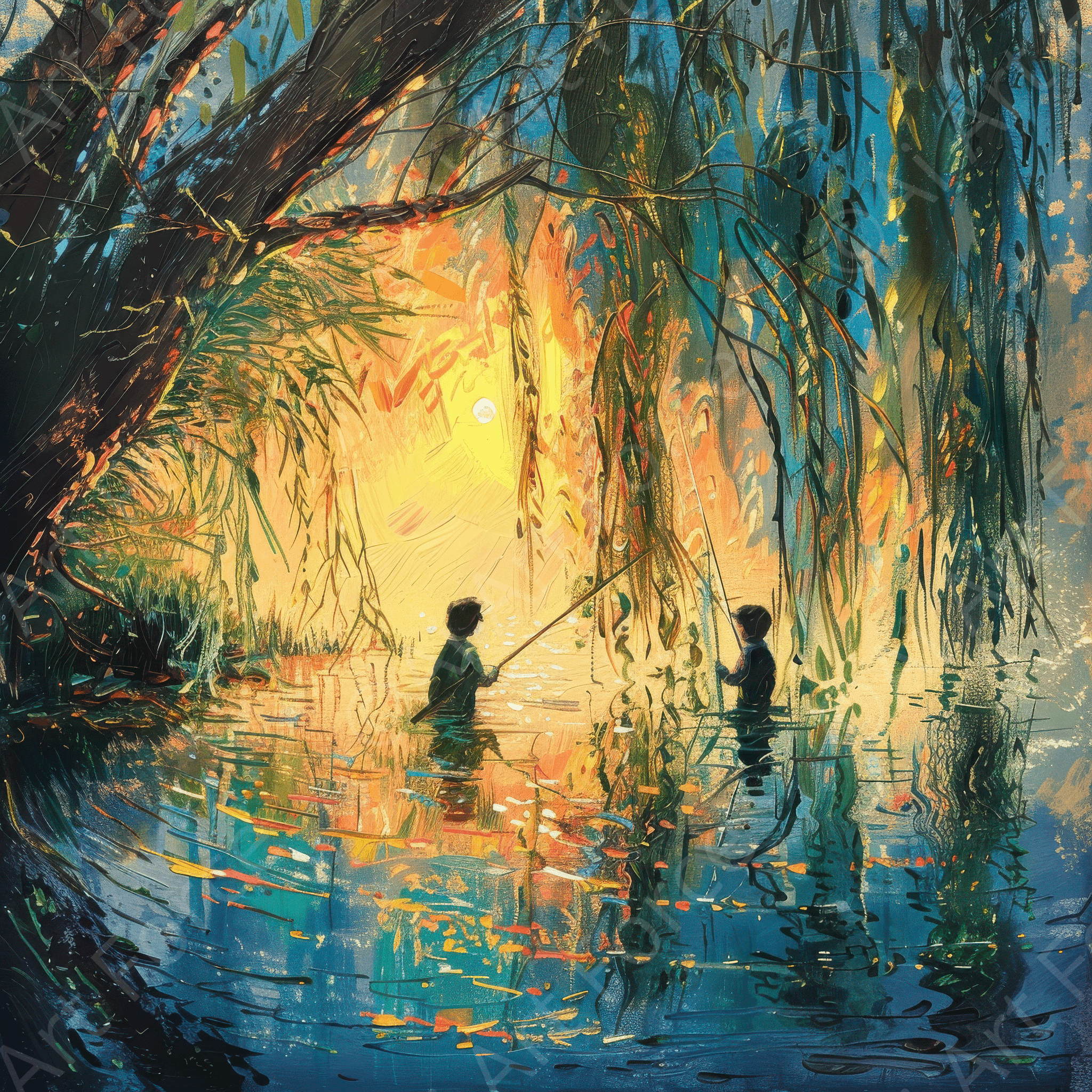 Digital Ai Artwork, of Impressionism Children fishing at a beautiful lake with Willow tree 7, ideal for art enthusiasts and collectors.
