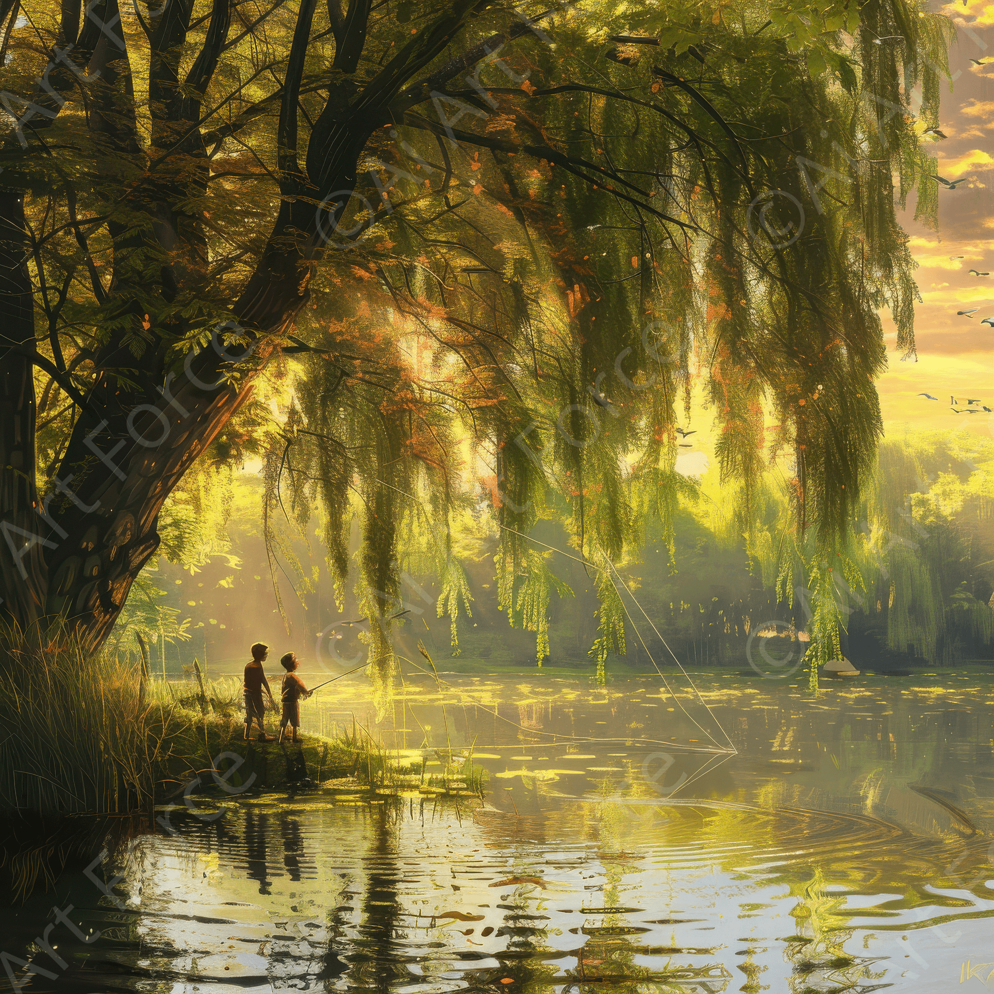 Digital Ai Artwork, of Impressionism Children fishing at a beautiful lake with Willow tree 9, ideal for art enthusiasts and collectors.