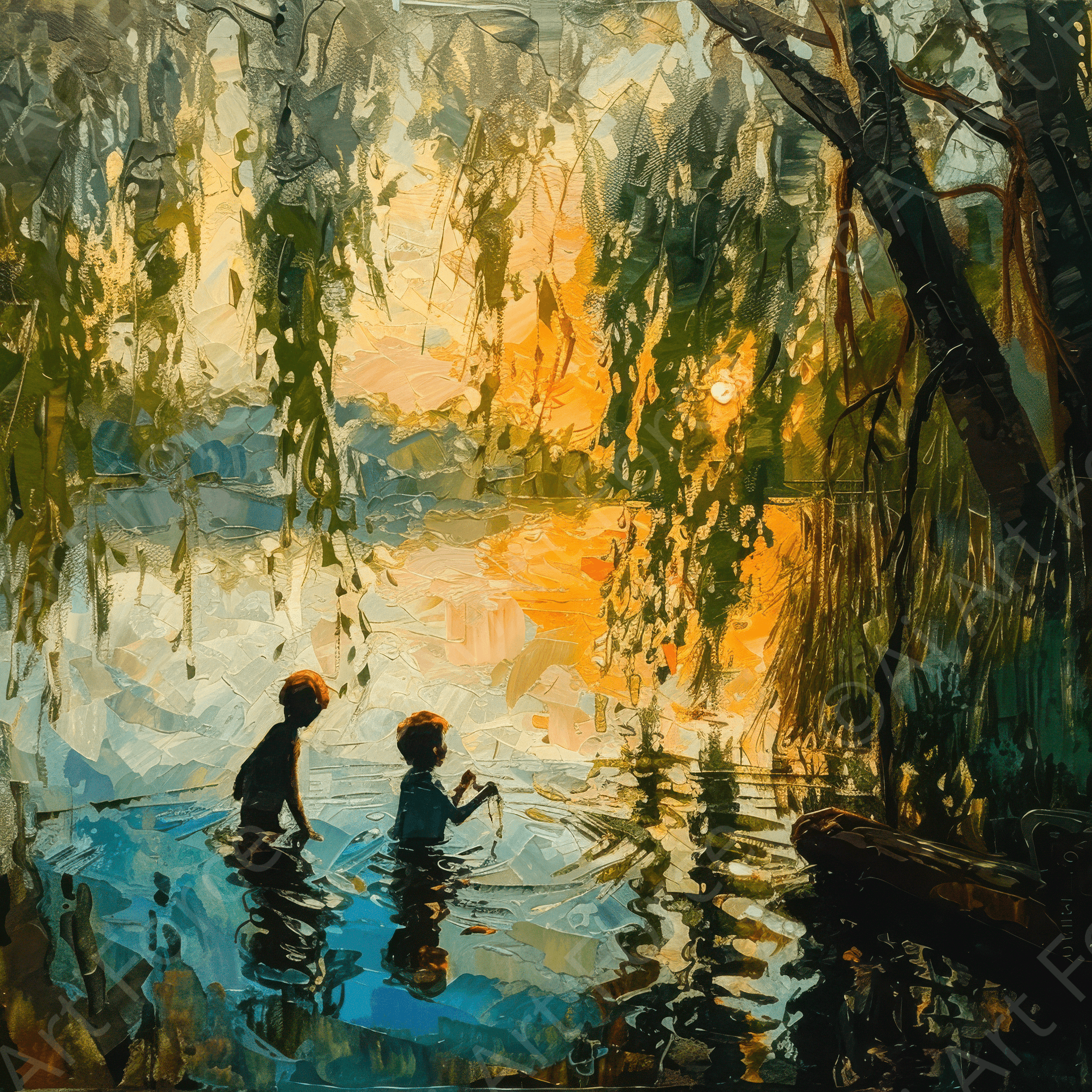 Digital Ai Artwork, of Impressionism Children playing at a beautiful lake with Willow tree 4, ideal for art enthusiasts and collectors.