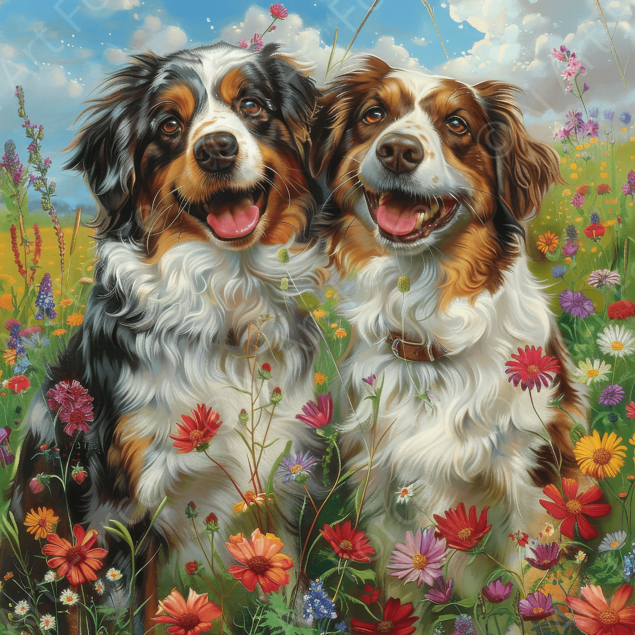 Digital Ai Artwork, of Lovely Cozy Dogs Cuddle in a Flower Field, ideal for art enthusiasts and collectors.